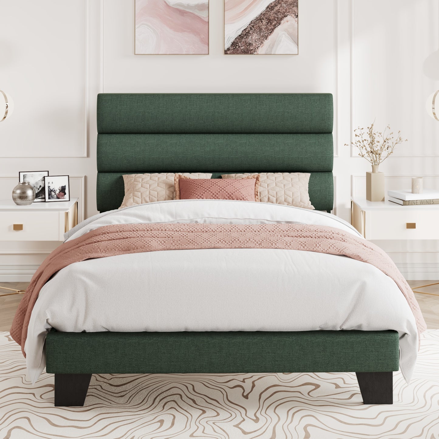 Amolife Platform Bed Frame with Upholstered Slat Headboard, No Box Spring Needed