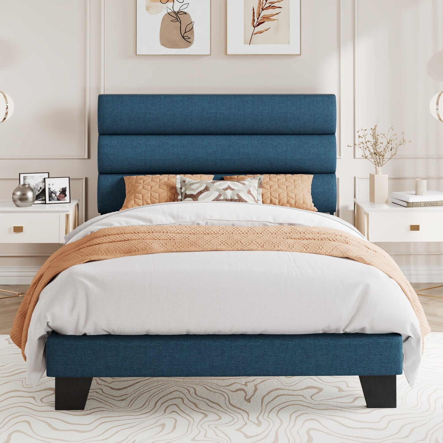 Amolife Platform Bed Frame with Upholstered Slat Headboard, No Box Spring Needed