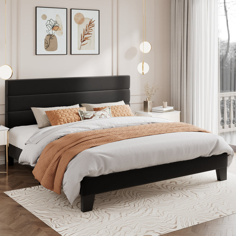 Modern Upholstered Platform Bed Frame with Headboard and Wooden Slats