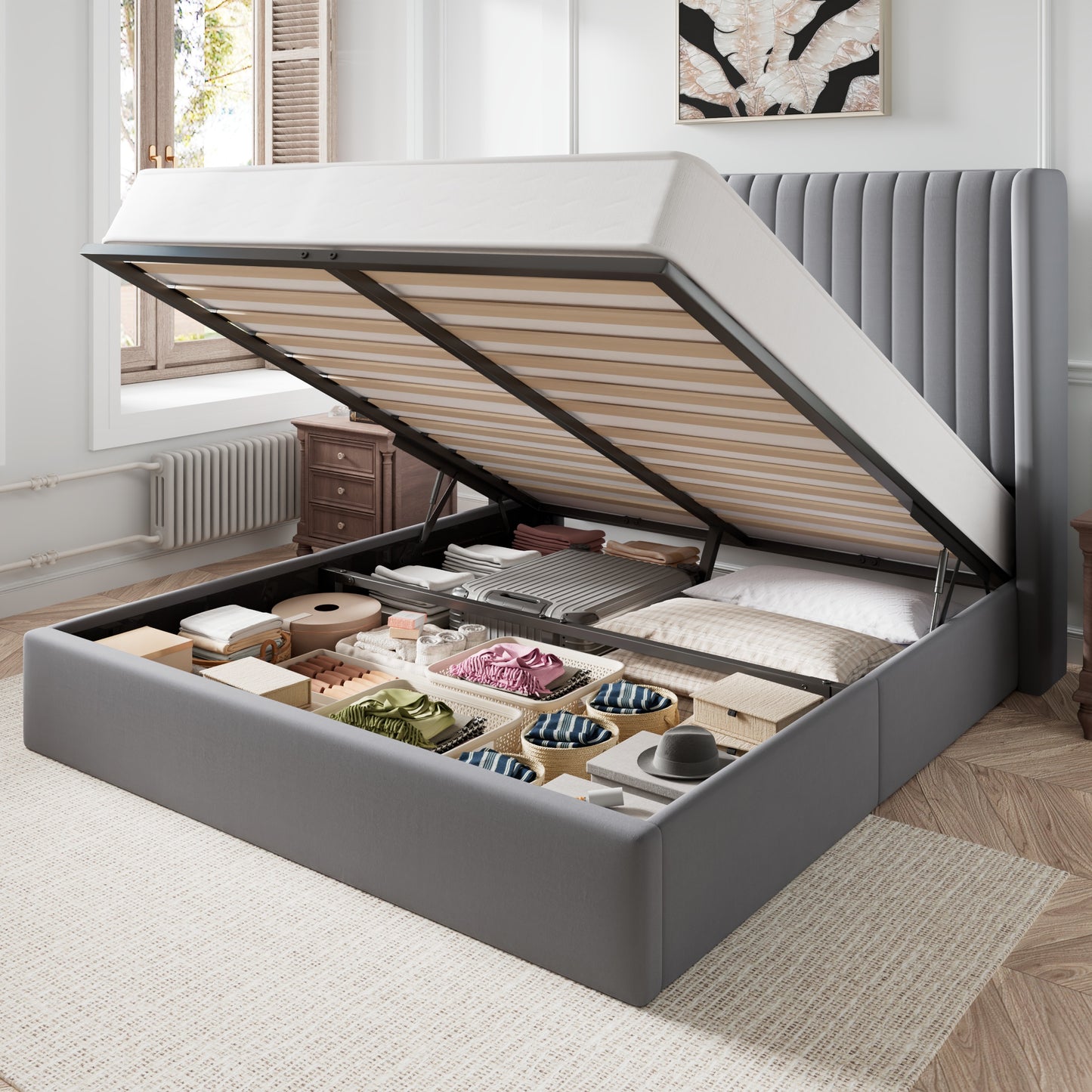 Amolife Lift Up Hydraulic Storage Bed Frame, Platform Bed with Upholstered Wingback Headboard with Vertical Channel Tufting