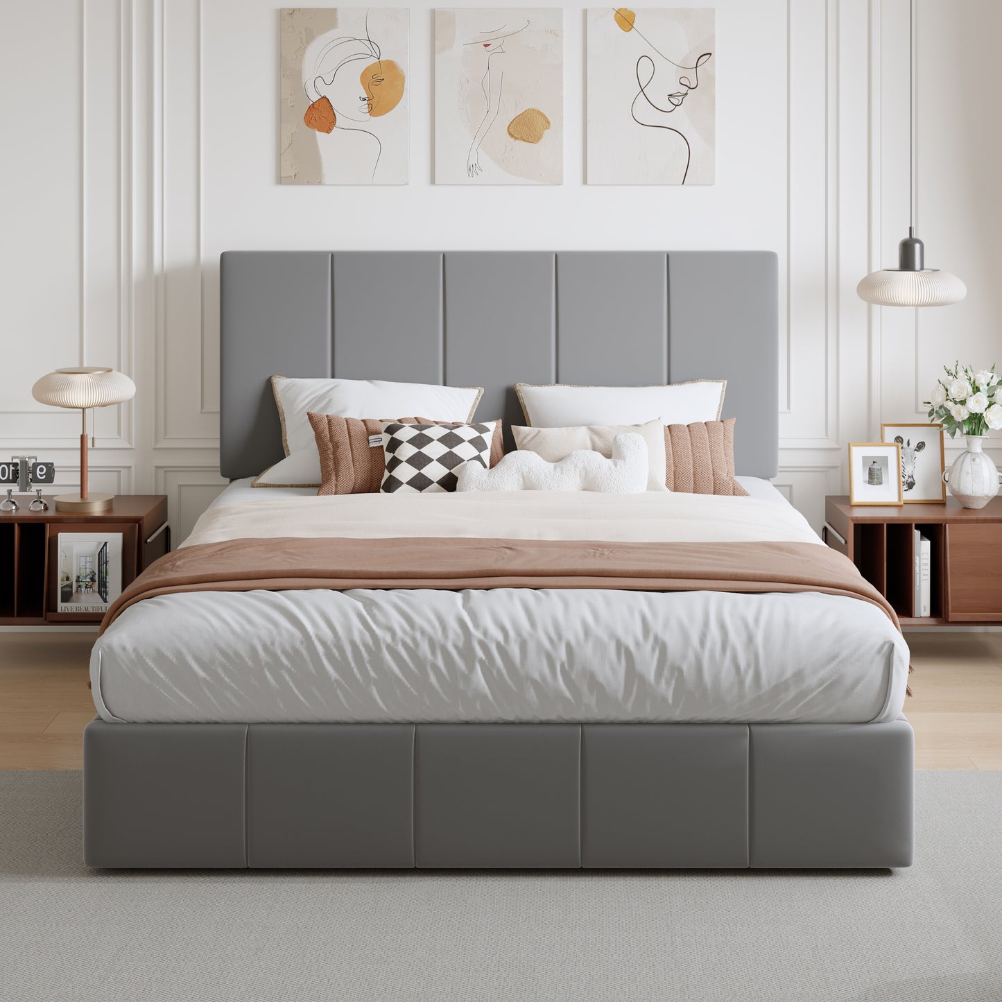 Amolife Dutch Velvet Upholstered Platform Bed Frame with a Vertical-Channel-Tufted, Adjustable Headboard