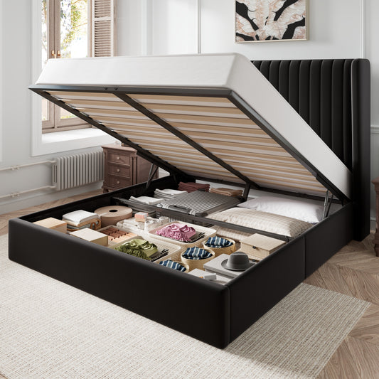 Amolife Lift Up Hydraulic Storage Bed Frame, Platform Bed with Upholstered Wingback Headboard with Vertical Channel Tufting