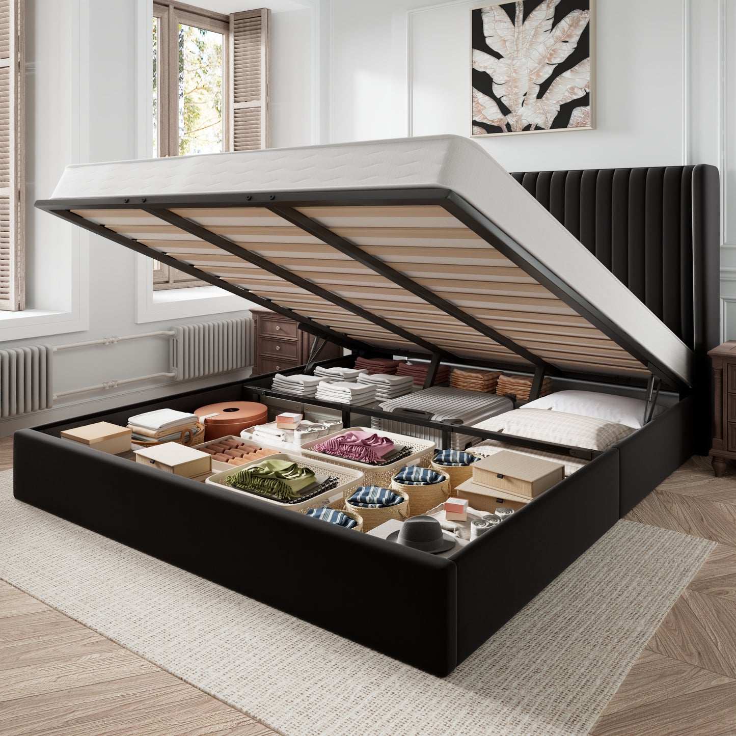 Amolife Lift Up Hydraulic Storage Bed Frame, Platform Bed with Upholstered Wingback Headboard with Vertical Channel Tufting