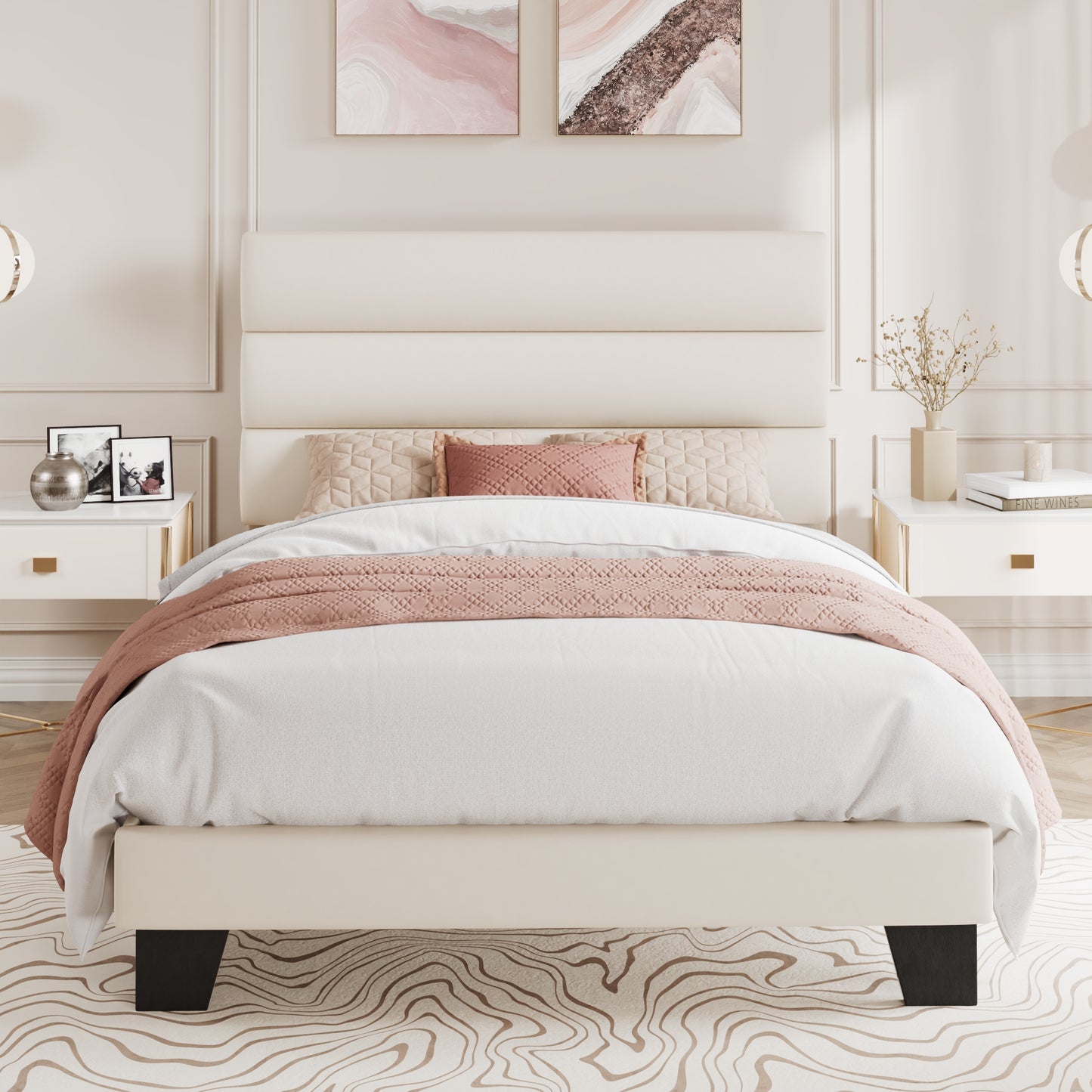Amolife Platform Bed Frame with Upholstered Slat Headboard, No Box Spring Needed