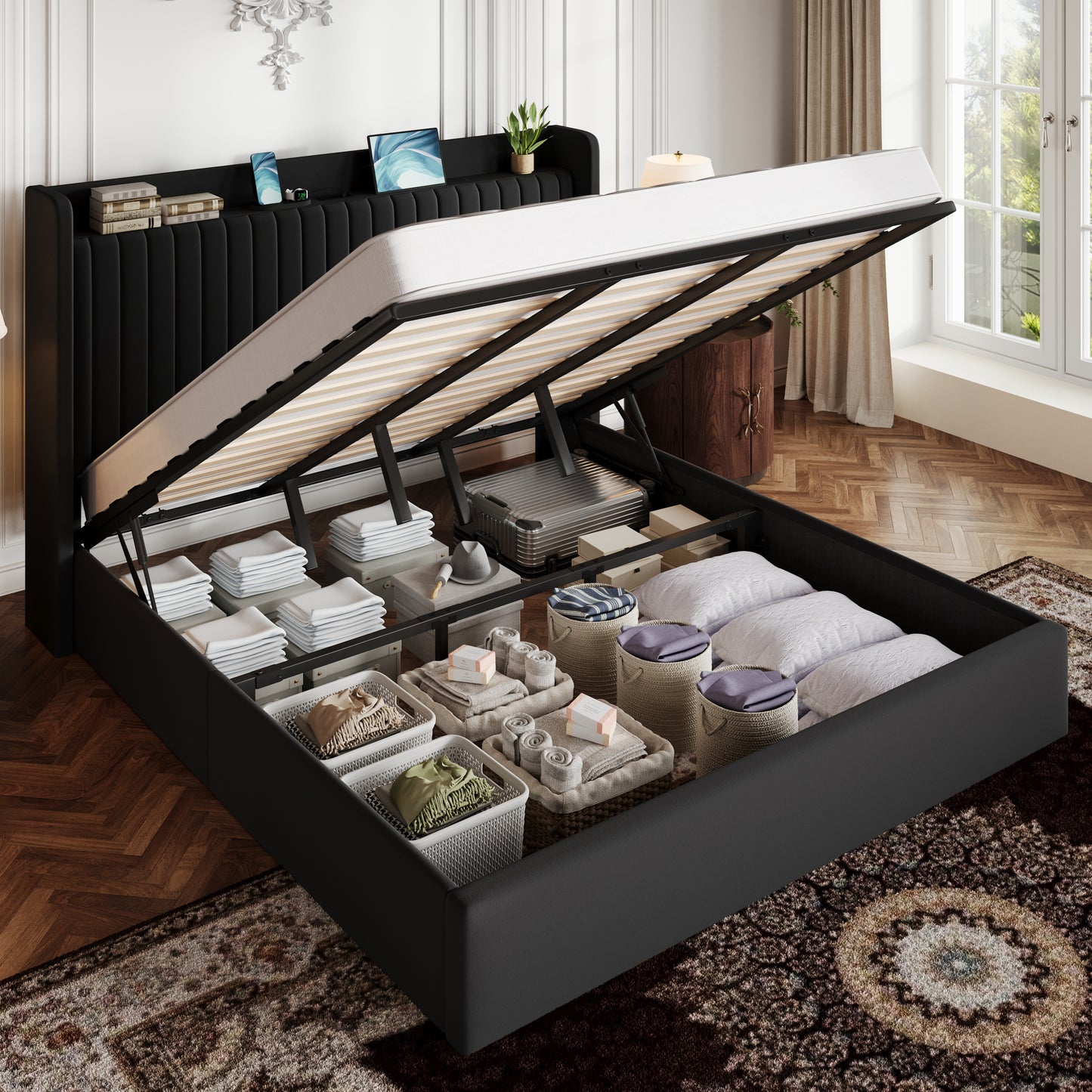 Amolife Lift Up Storage Platform Bed Frame with Velvet Built-in Charging Station Wingback Headboard
