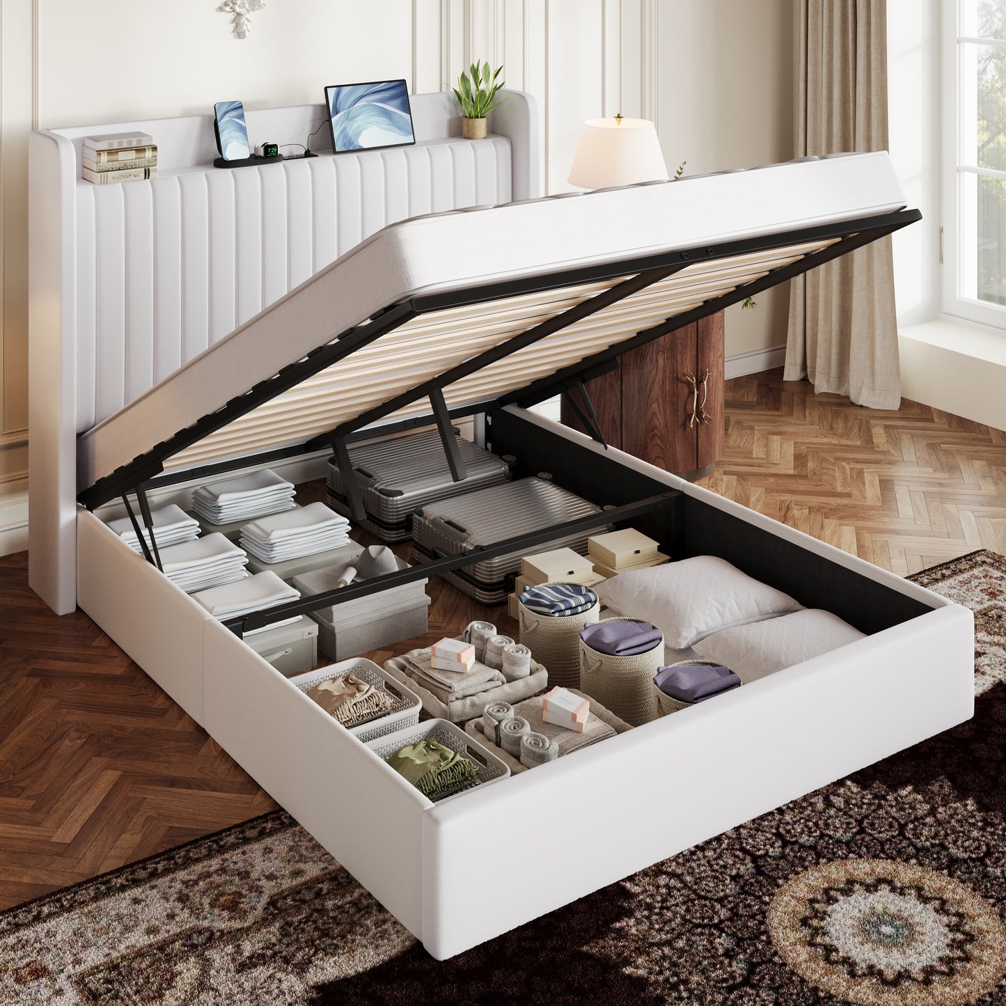 Amolife Lift Up Storage Platform Bed Frame with Velvet Built-in Charging Station Wingback Headboard