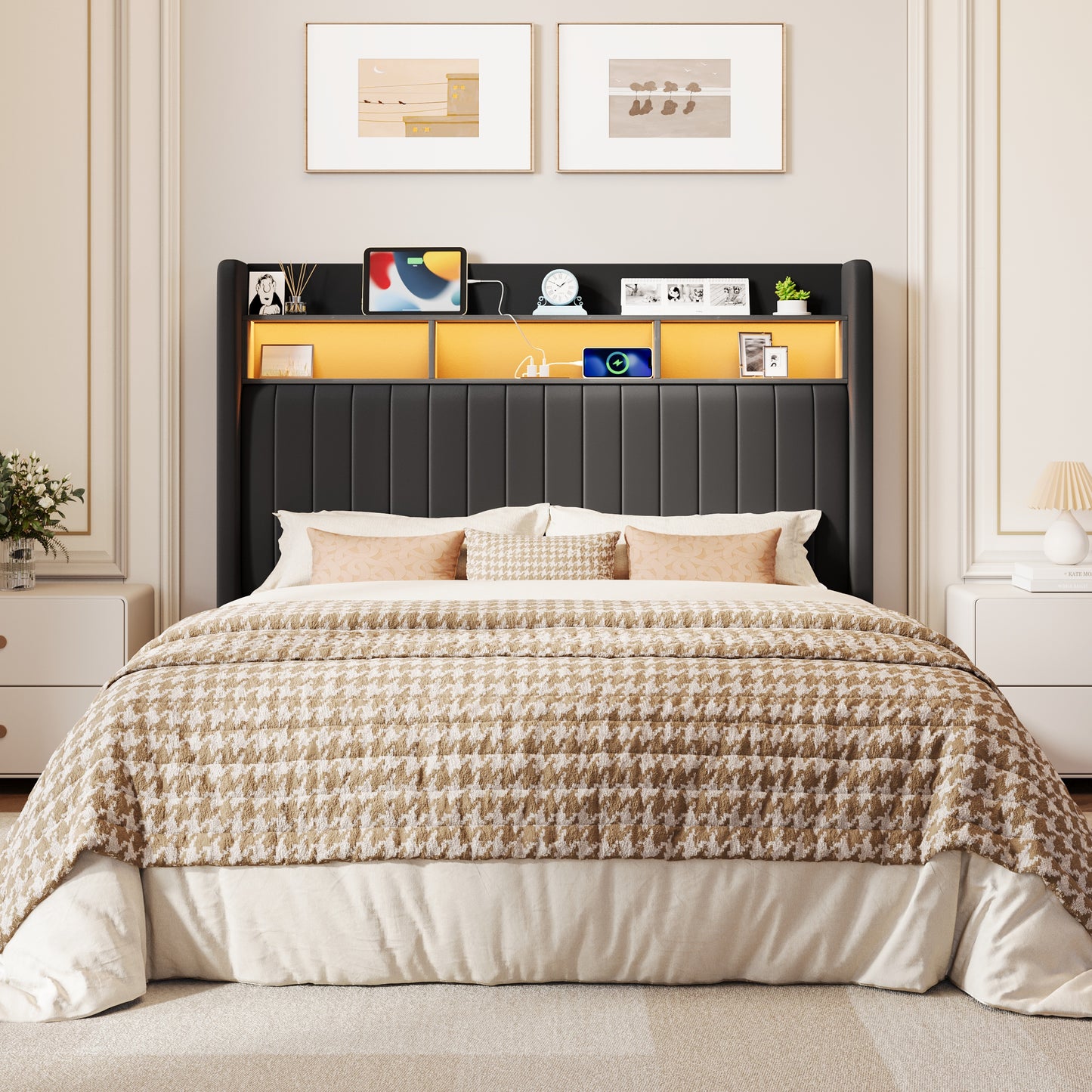 Amolife Bed Frame, RGB LED Lights & Charging Station, Upholstered Wingback Headboard, Noise-Free, No Box Spring Needed