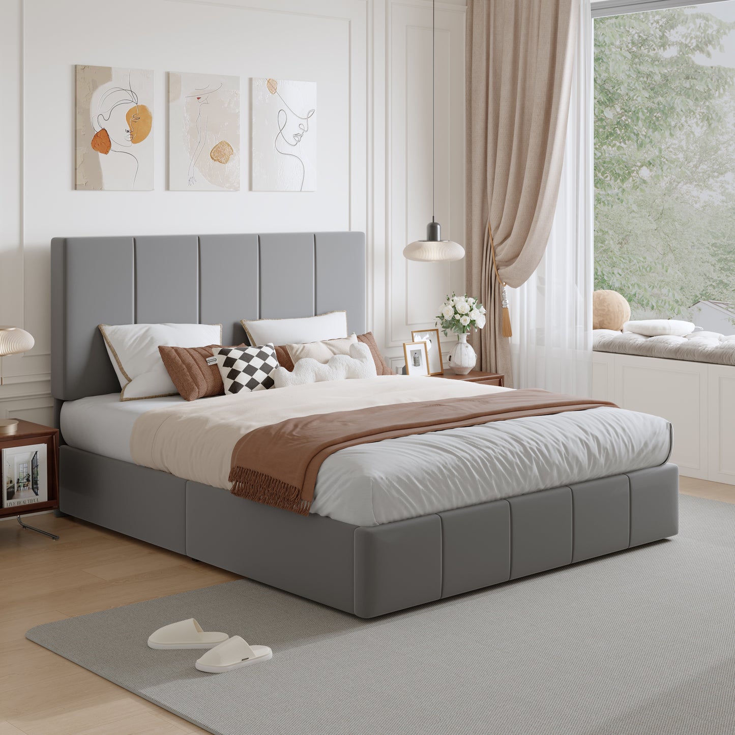 Amolife Dutch Velvet Upholstered Platform Bed Frame with a Vertical-Channel-Tufted, Adjustable Headboard