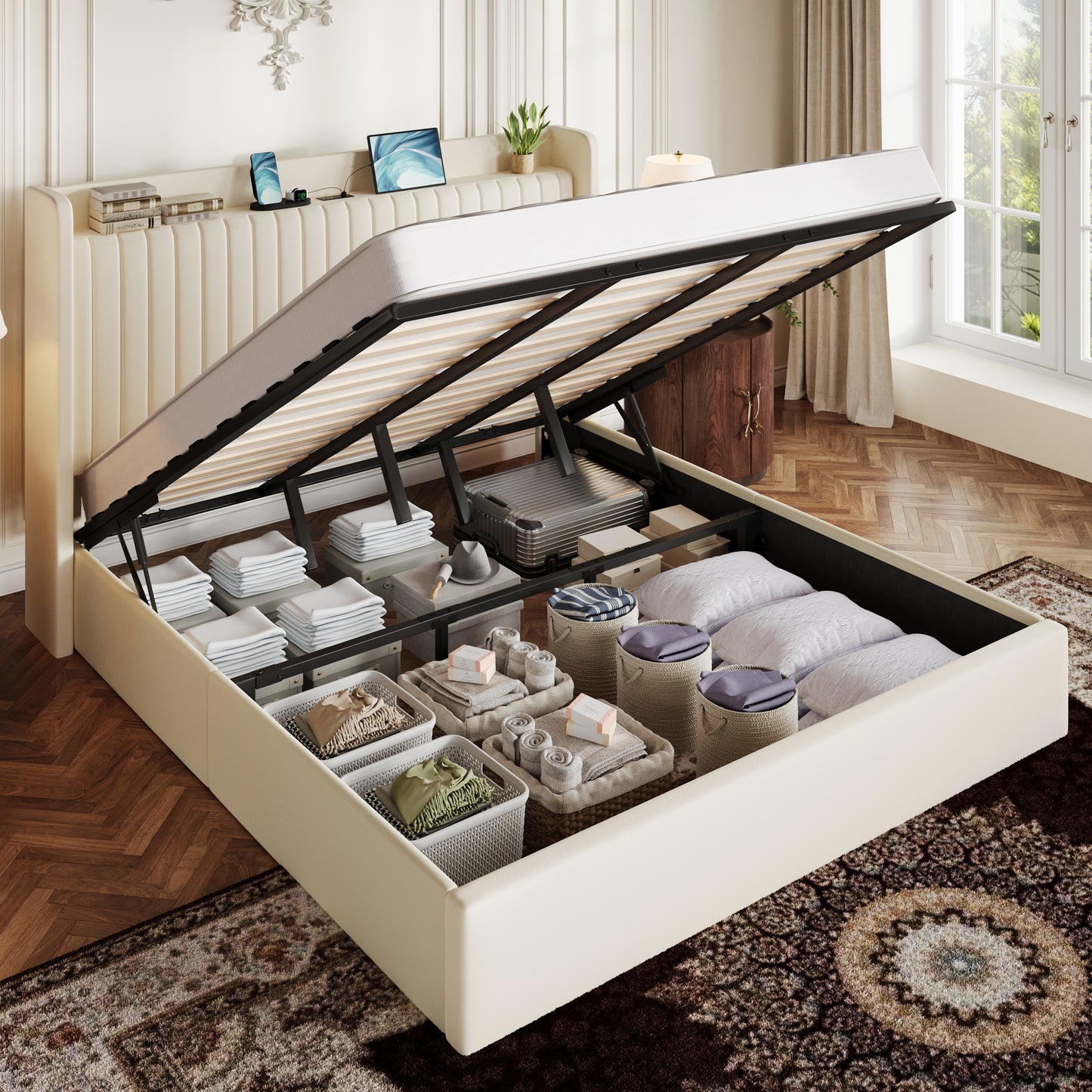 Amolife Lift Up Storage Platform Bed Frame with Velvet Built-in Charging Station Wingback Headboard