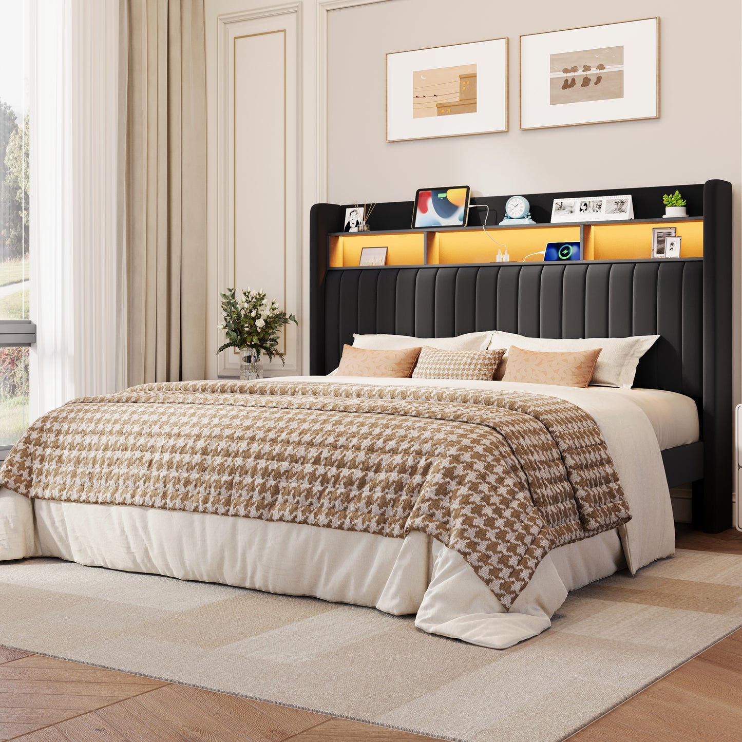 Amolife Bed Frame, RGB LED Lights & Charging Station, Upholstered Wingback Headboard, Noise-Free, No Box Spring Needed