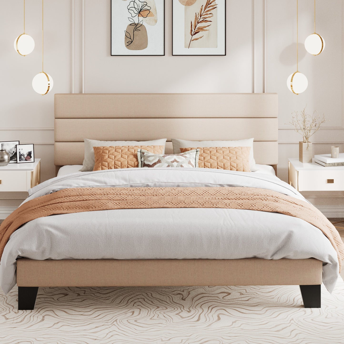 Modern Upholstered Platform Bed Frame with Headboard and Wooden Slats