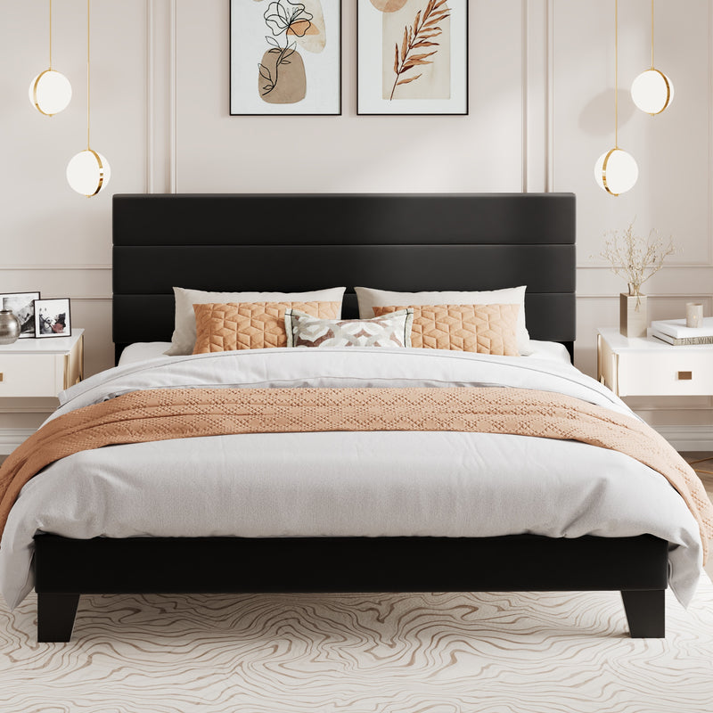 Modern Upholstered Platform Bed Frame with Headboard and Wooden Slats