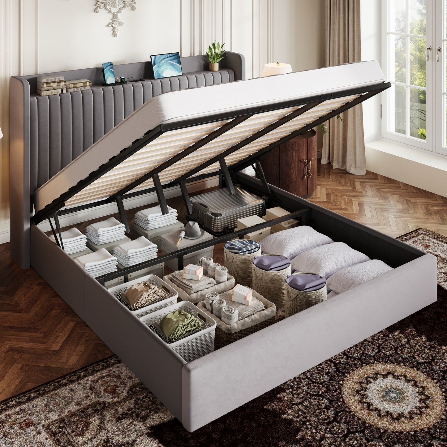 Amolife Lift Up Storage Platform Bed Frame with Velvet Built-in Charging Station Wingback Headboard