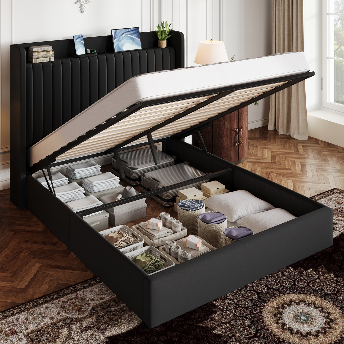 Amolife Lift Up Storage Platform Bed Frame with Velvet Built-in Charging Station Wingback Headboard