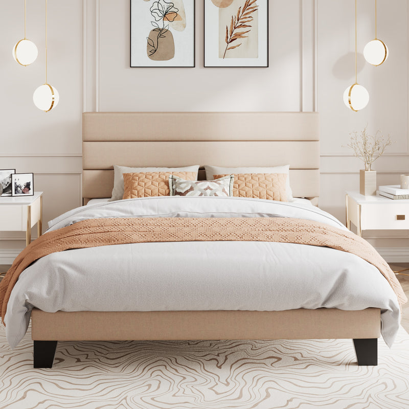 Modern Upholstered Platform Bed Frame with Headboard and Wooden Slats