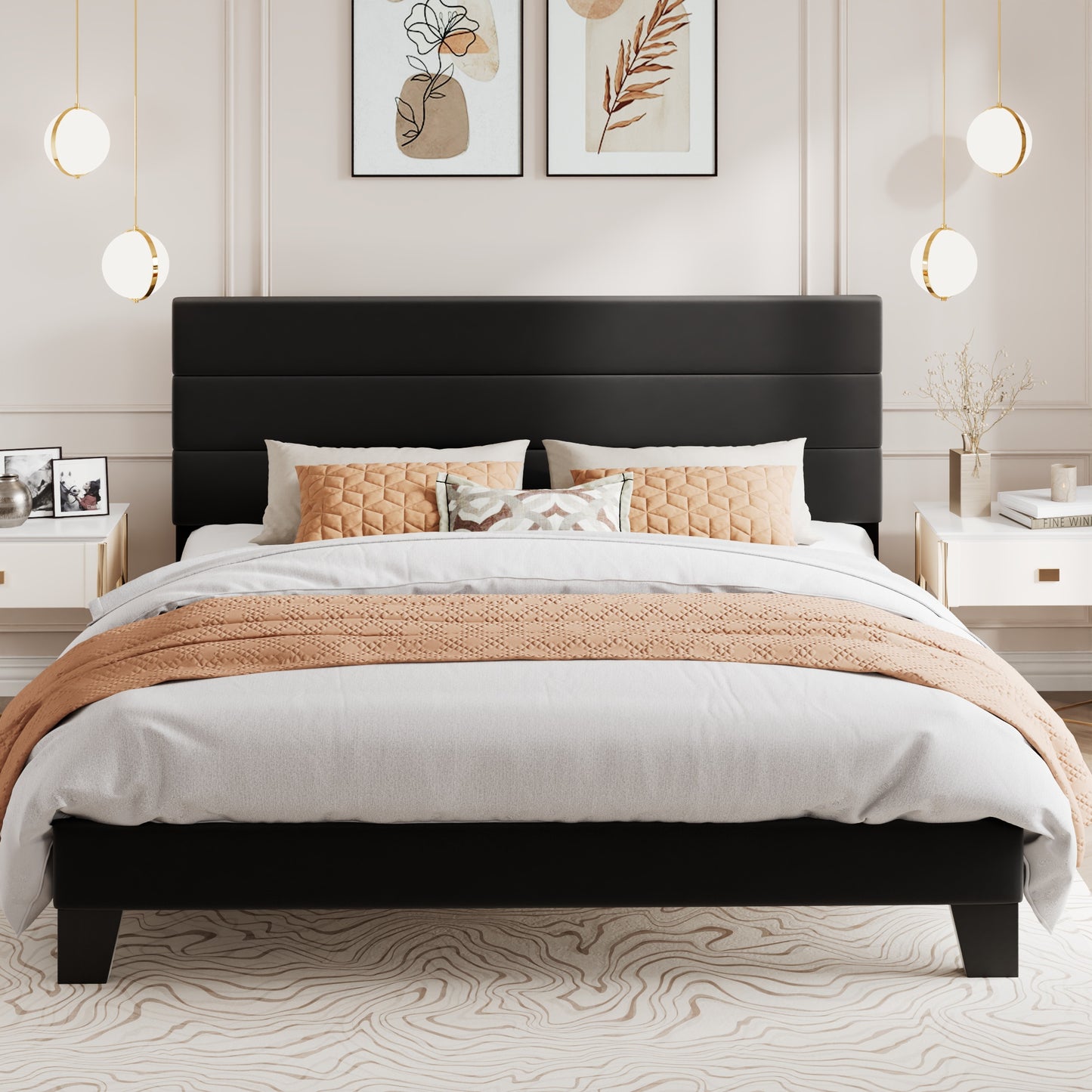 Modern Upholstered Platform Bed Frame with Headboard and Wooden Slats