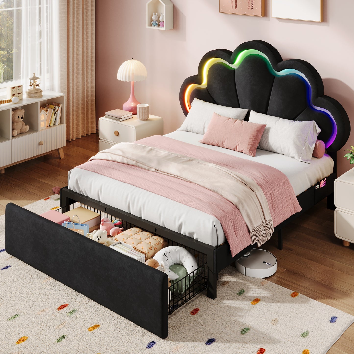 Amolife Bed Frame with RGB LED Lights & Storage Drawer, Upholstered Platform Bed with Adjustable Headboard