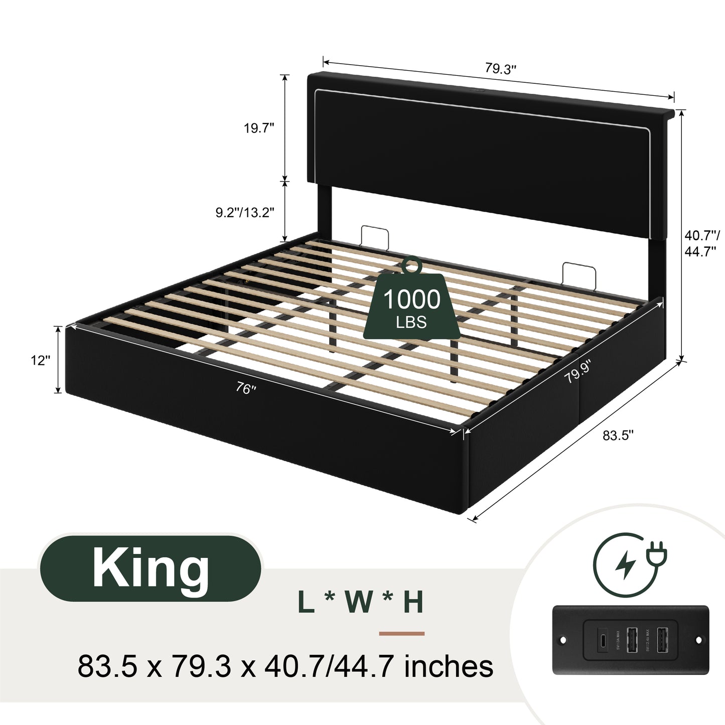 Amolife Lift Up Hydraulic Storage Bed Frame, Platform Bed with Velvet LED Light and Built-in Charging Station Headboard