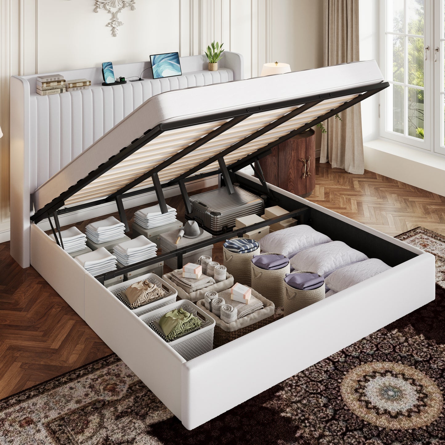 Amolife Lift Up Storage Platform Bed Frame with Velvet Built-in Charging Station Wingback Headboard