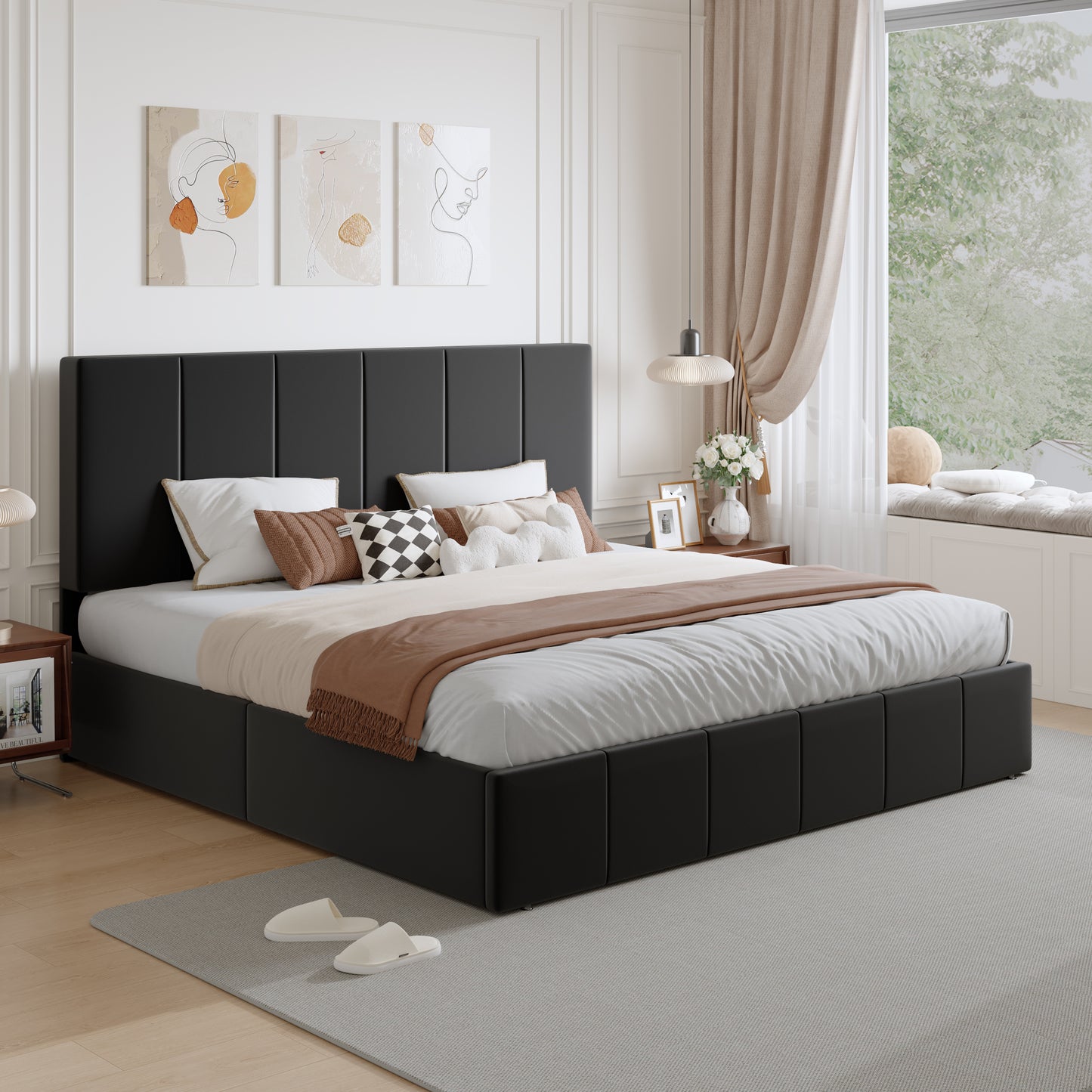 Amolife Dutch Velvet Upholstered Platform Bed Frame with a Vertical-Channel-Tufted, Adjustable Headboard