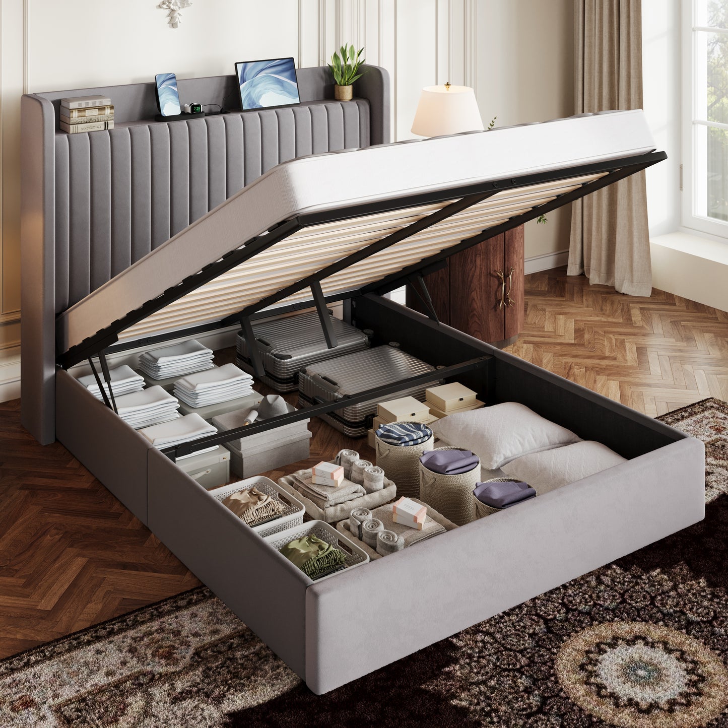 Amolife Lift Up Storage Platform Bed Frame with Velvet Built-in Charging Station Wingback Headboard