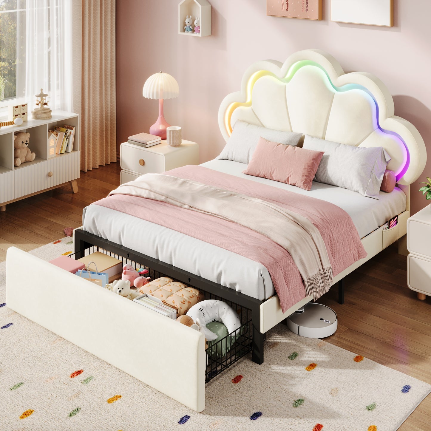Amolife Bed Frame with RGB LED Lights & Storage Drawer, Upholstered Platform Bed with Adjustable Headboard