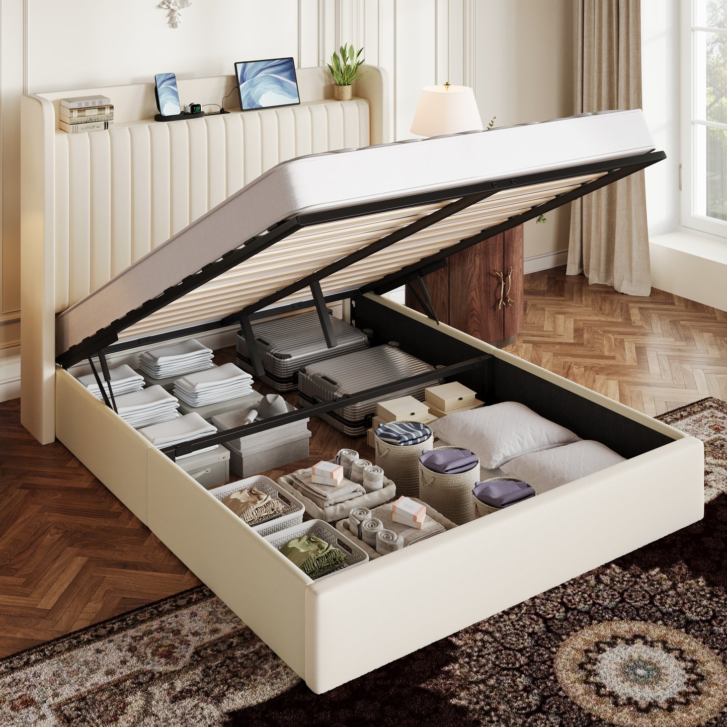 Amolife Lift Up Storage Platform Bed Frame with Velvet Built-in Charging Station Wingback Headboard