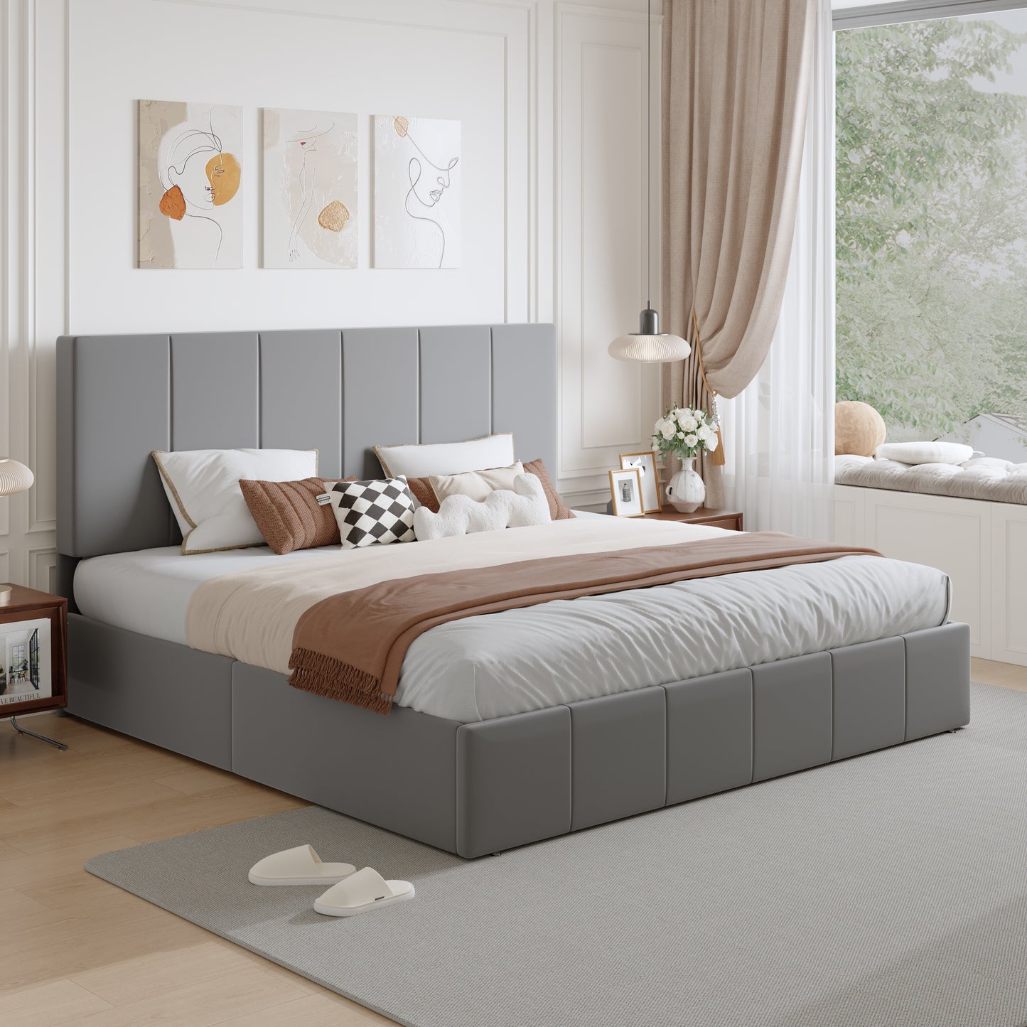 Amolife Dutch Velvet Upholstered Platform Bed Frame with a Vertical-Channel-Tufted, Adjustable Headboard