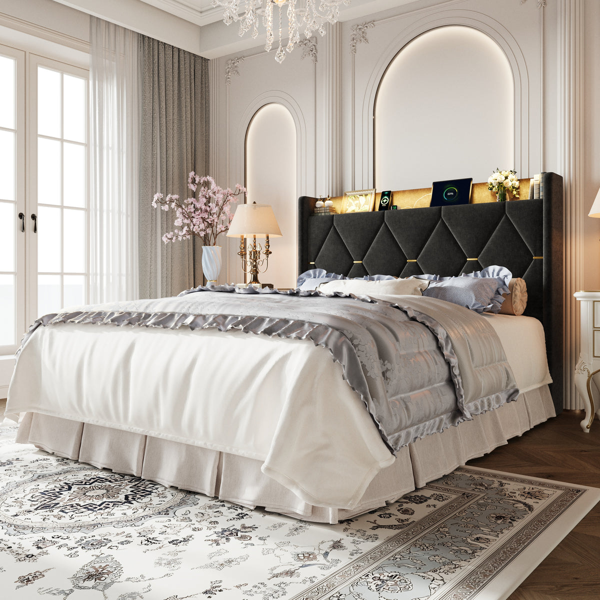 Amolife Lift Up Storage Bed Frame, Chenille Multi-Functional Headboard, Ample Under-Bed Storage Space