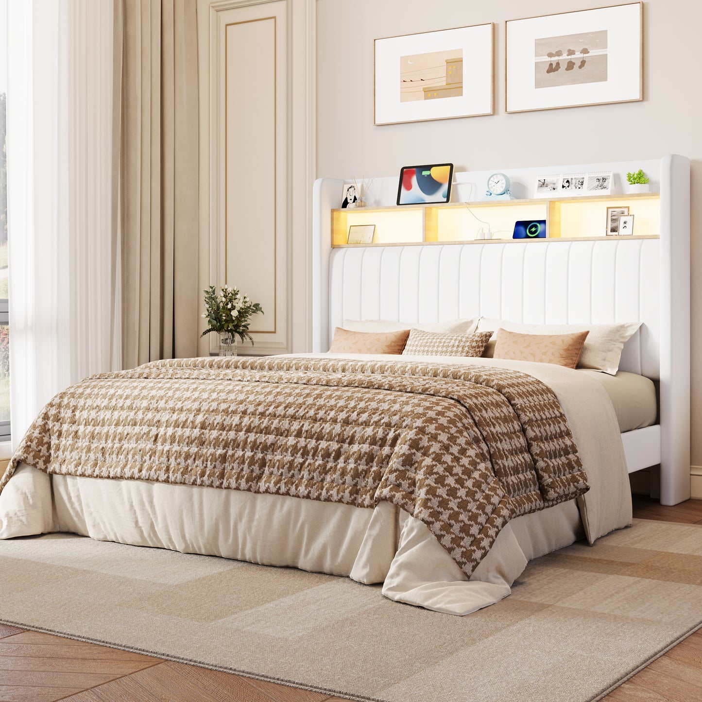 Amolife Bed Frame, RGB LED Lights & Charging Station, Upholstered Wingback Headboard, Noise-Free, No Box Spring Needed