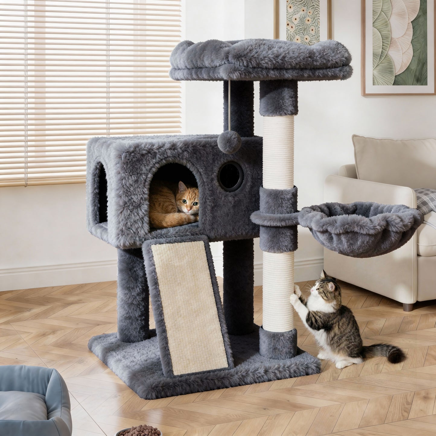 Amolife 36.6" Cat Tree Tower for Indoor Cats, Cat Condo with Plush Perch, Sisal Scratching Posts & Ramp, Cozy Cat Furniture