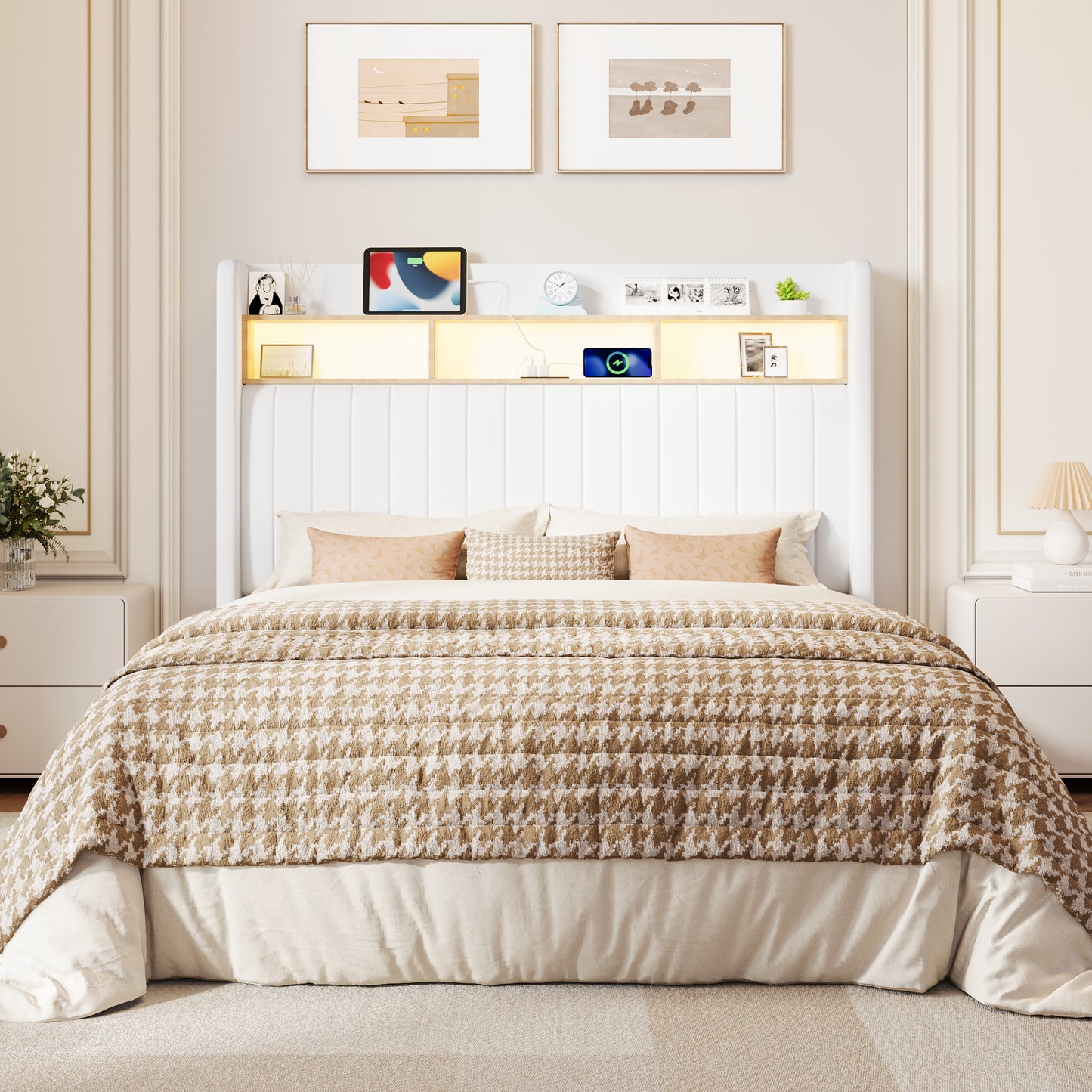 Amolife Bed Frame, RGB LED Lights & Charging Station, Upholstered Wingback Headboard, Noise-Free, No Box Spring Needed