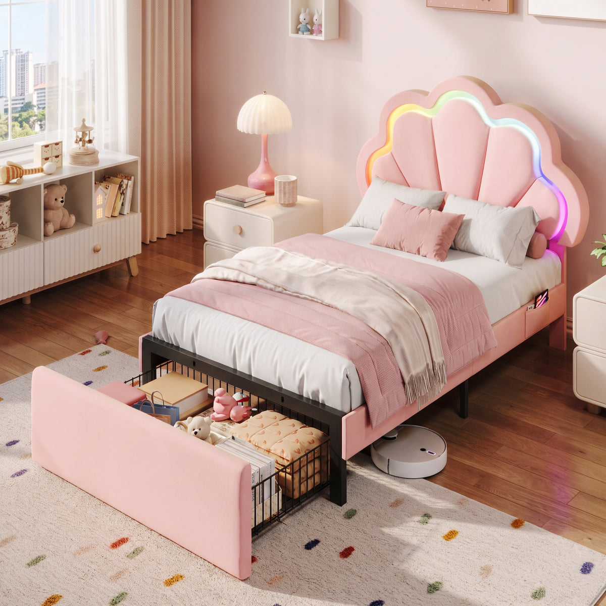 Amolife Bed Frame with RGB LED Lights & Storage Drawer, Upholstered Platform Bed with Adjustable Headboard