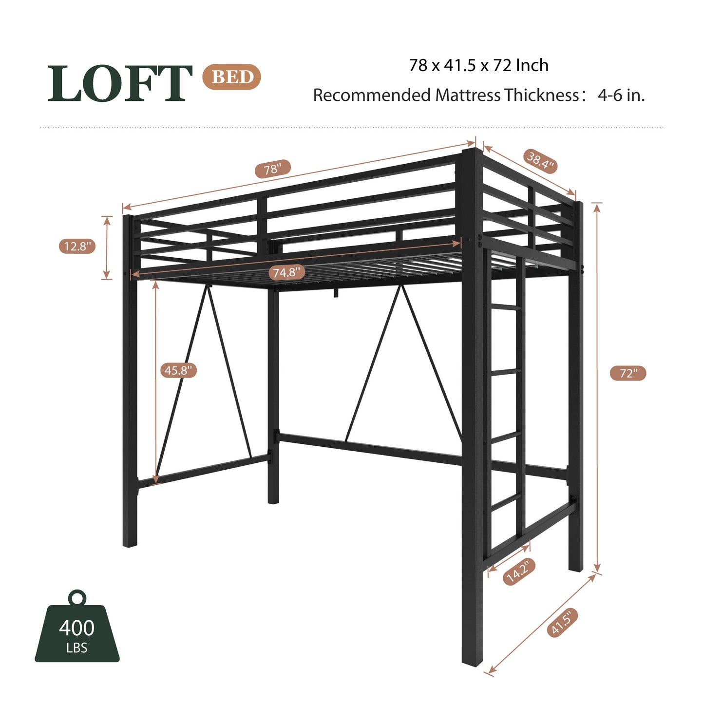 Loft Bed Frame for Juniors&Adults, Metal Loft Bed Twin Size with Safety Guardrail&Removable Ladder, Space-Saving, Noise Free