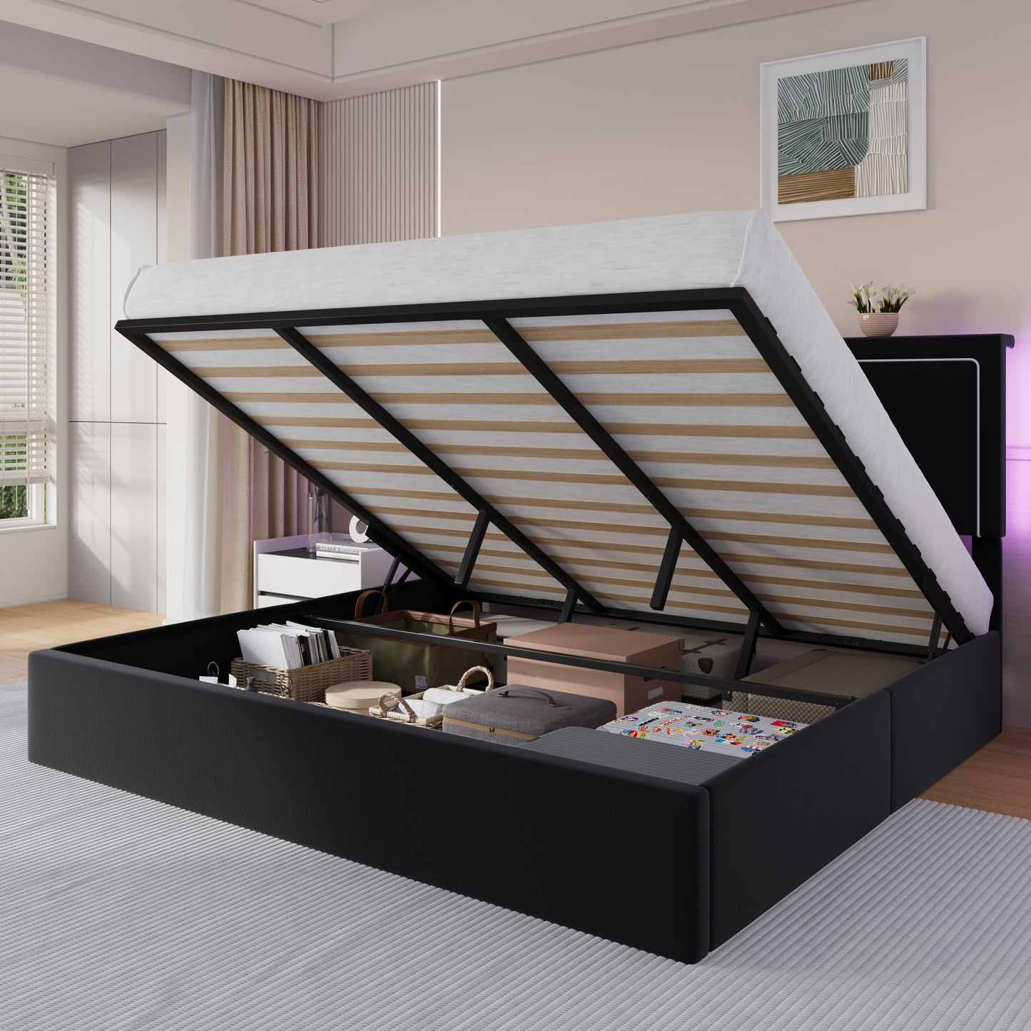 Amolife Lift Up Hydraulic Storage Bed Frame, Platform Bed with Velvet LED Light and Built-in Charging Station Headboard