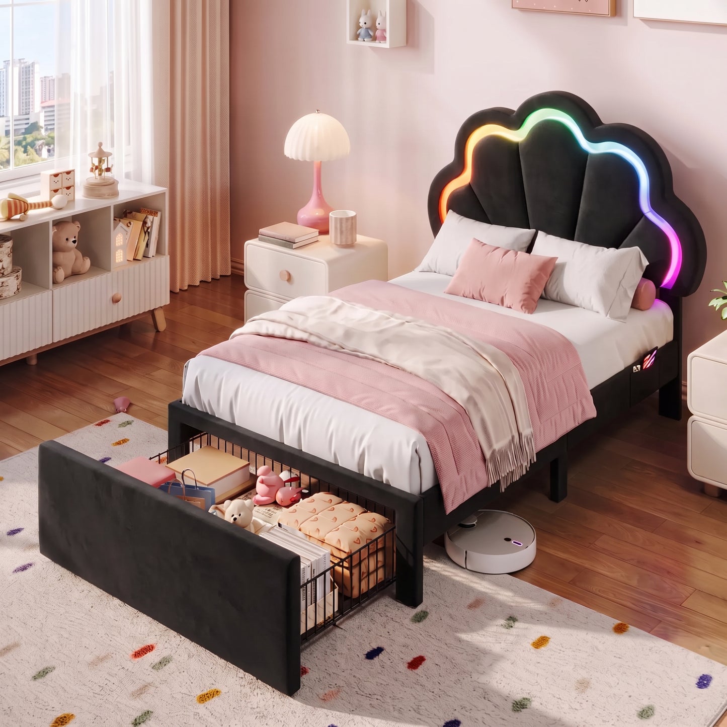Amolife Bed Frame with RGB LED Lights & Storage Drawer, Upholstered Platform Bed with Adjustable Headboard
