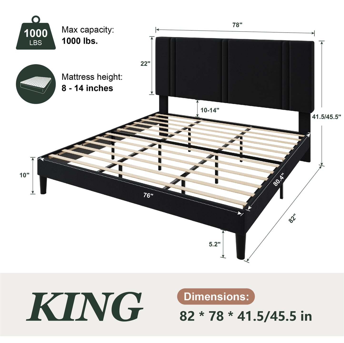 Amolife Bed Frame, Platform Bed with Upholstered Velvet Adjustable Headboard, Wooden Slats, Easy Assembly
