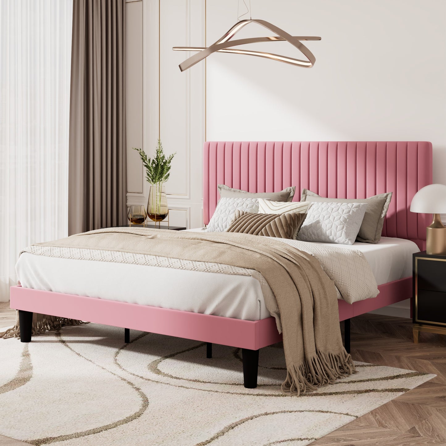 Upholstered Platform Bed Frame with Vertical Channel Tufted Velvet Headboard