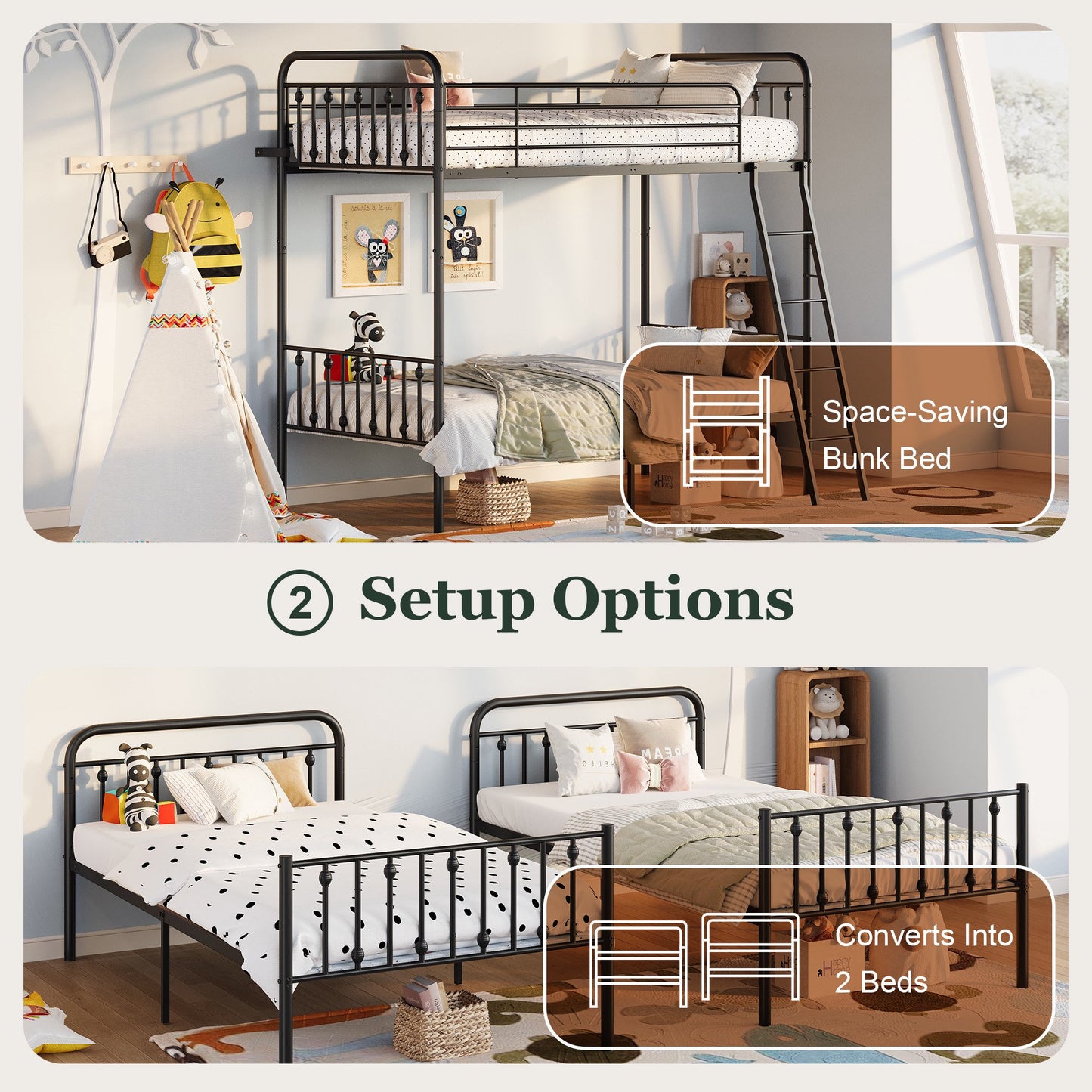 Amolife Twin over Twin Size Metal Bunk Bed with Removable Ladder, Used as Bunk Bed or Two Twin Beds, Full-Length Guardrail