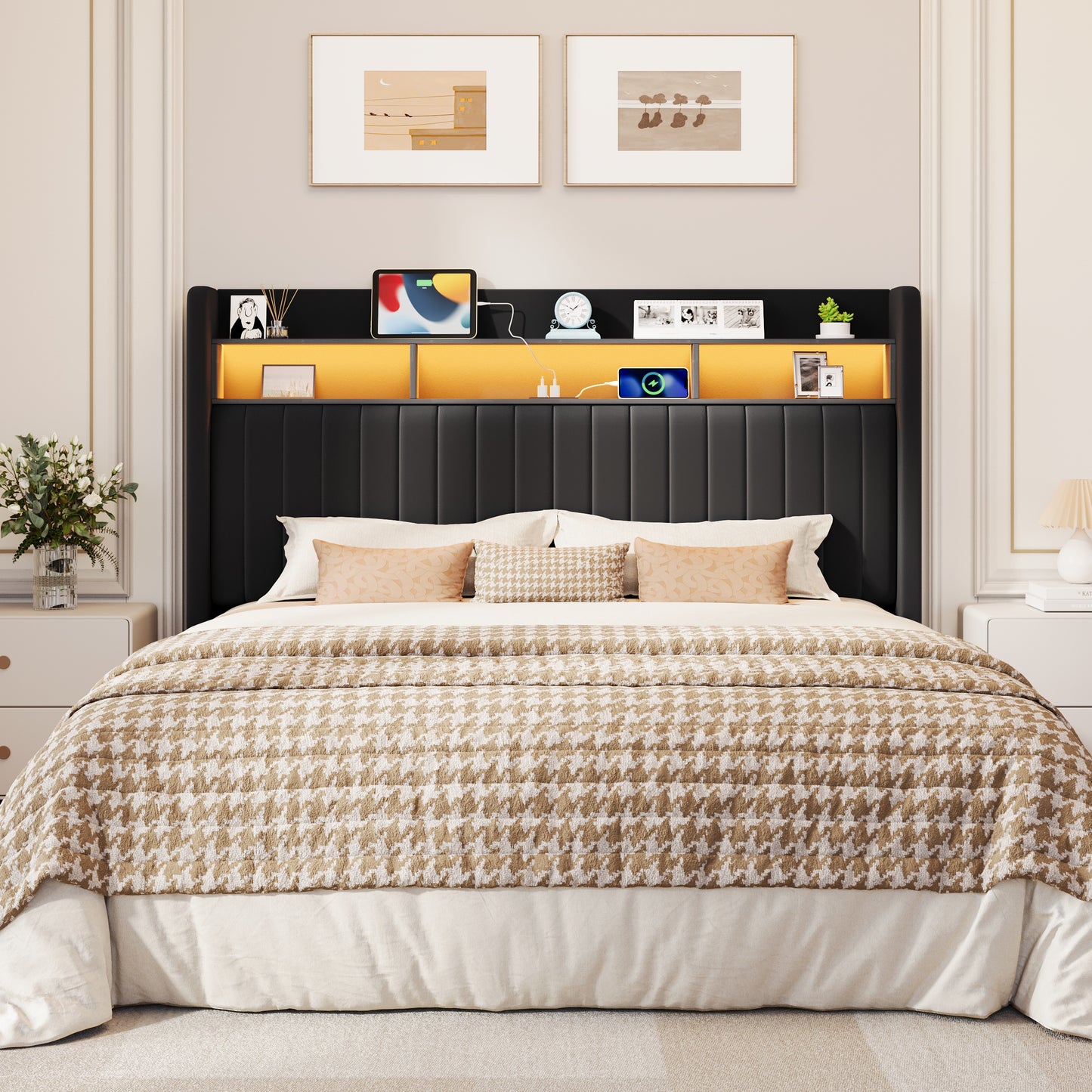 Amolife Bed Frame, RGB LED Lights & Charging Station, Upholstered Wingback Headboard, Noise-Free, No Box Spring Needed