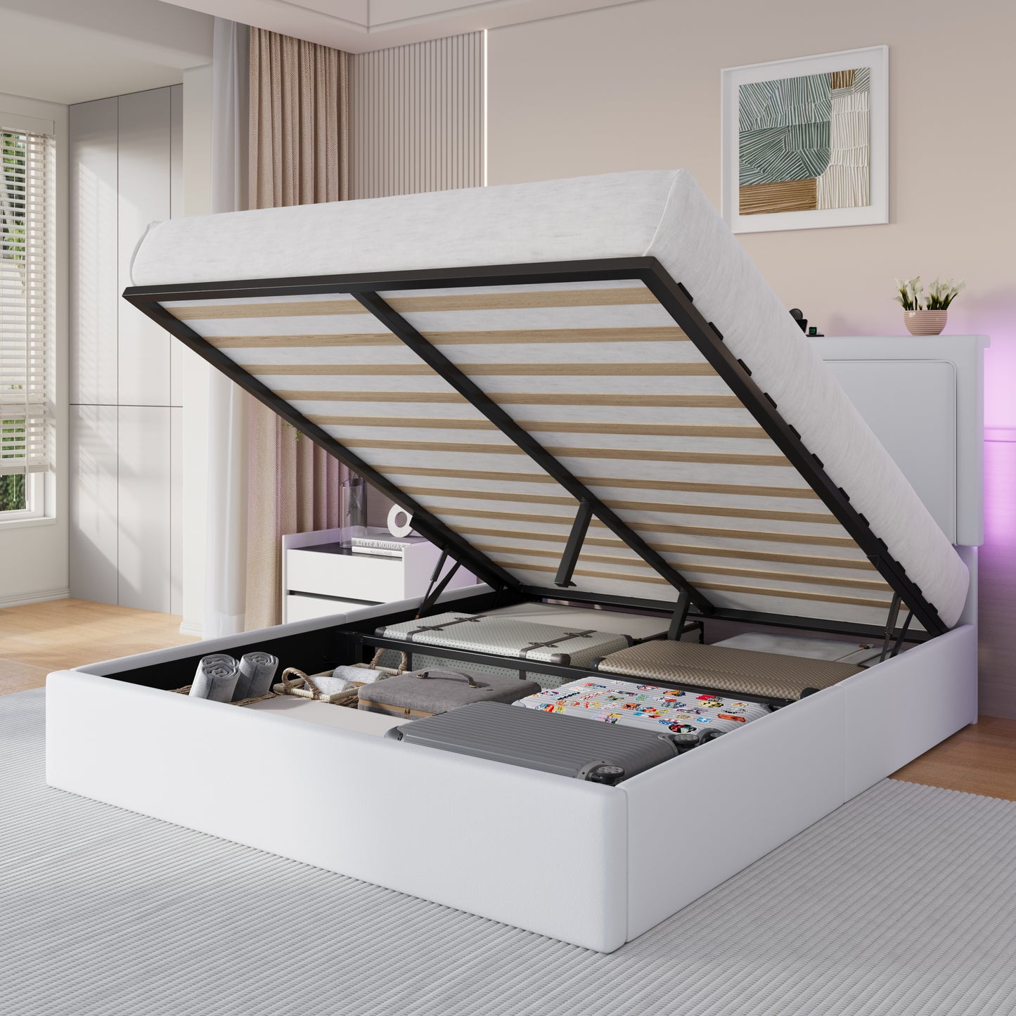 Amolife Lift Up Hydraulic Storage Bed Frame, Platform Bed with Velvet LED Light and Built-in Charging Station Headboard