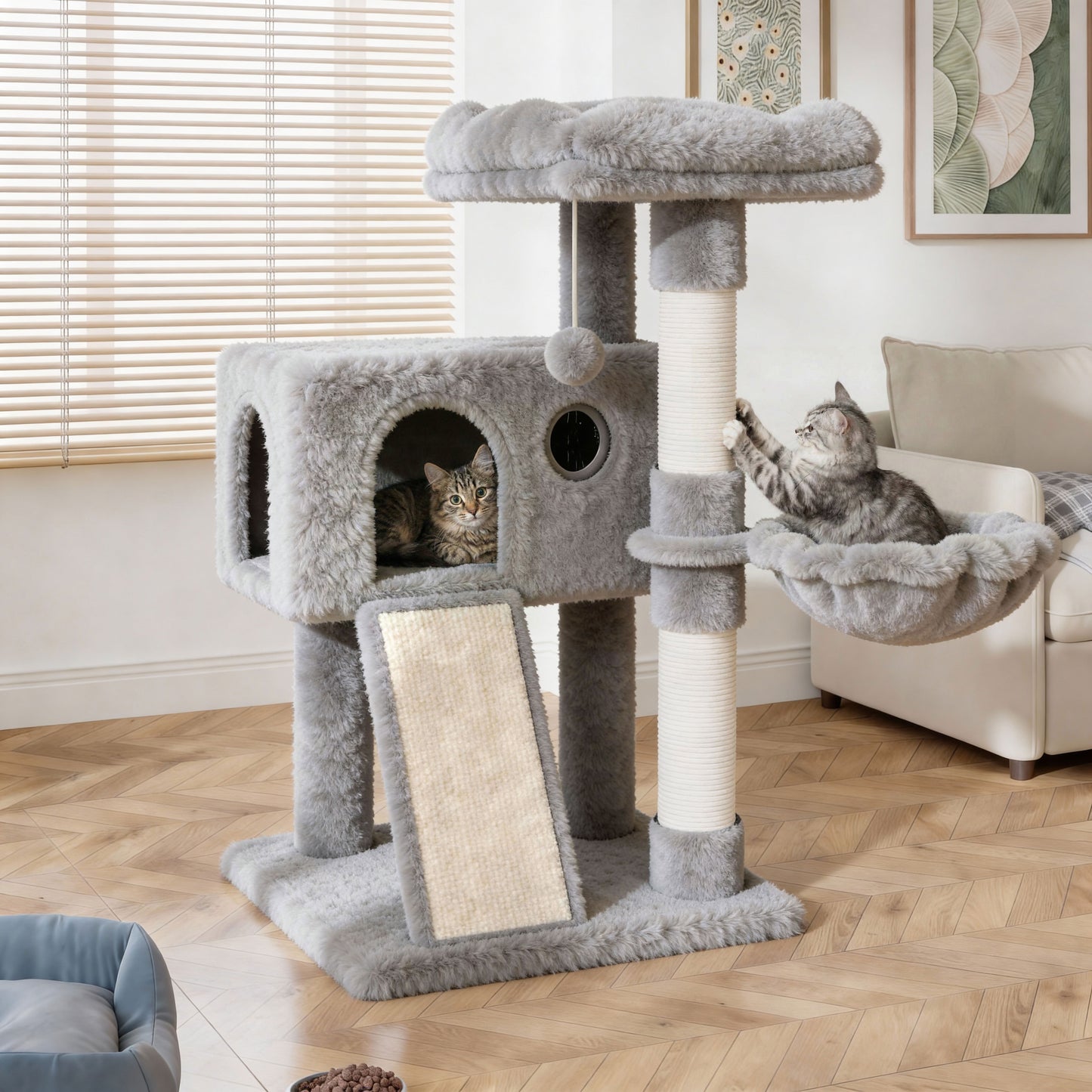 Amolife 36.6" Cat Tree Tower for Indoor Cats, Cat Condo with Plush Perch, Sisal Scratching Posts & Ramp, Cozy Cat Furniture
