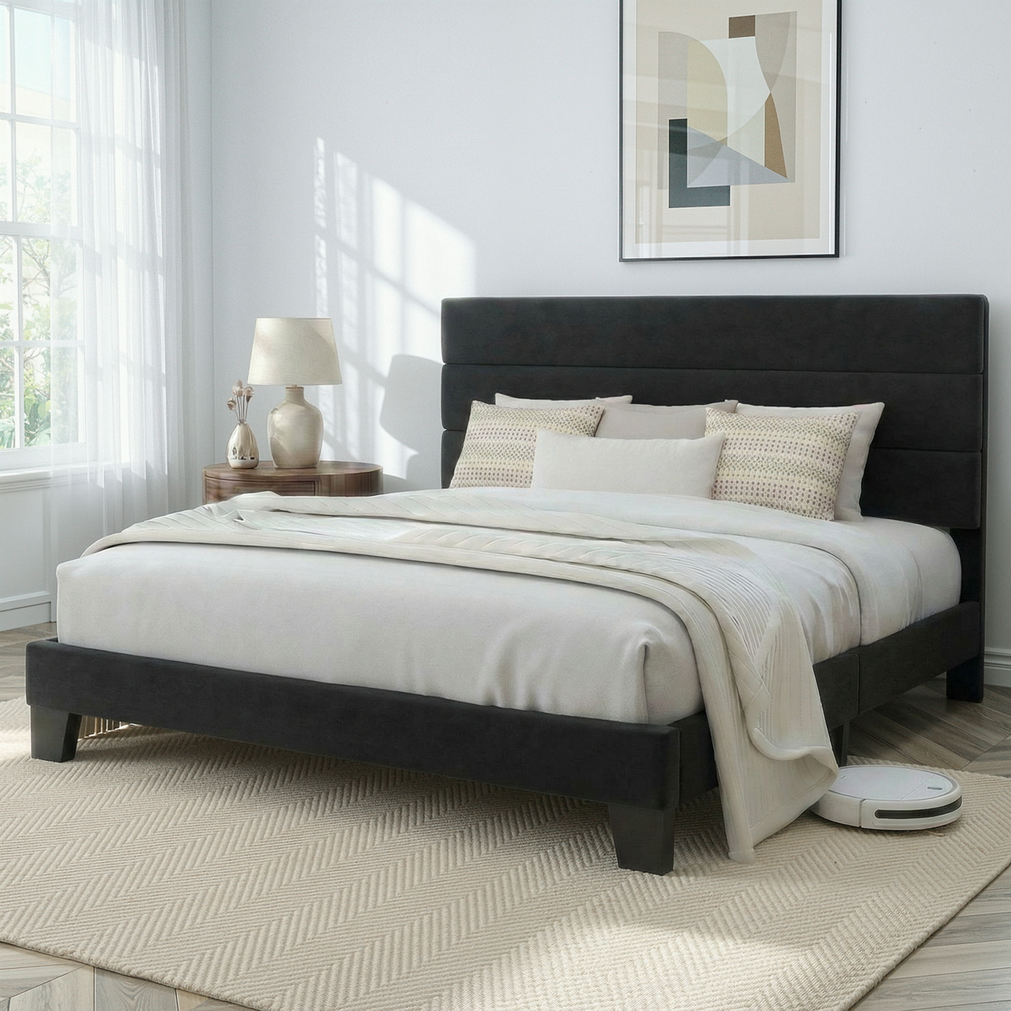 Amolife Modern Upholstered Platform Bed Frame with Headboard and Wooden Slats