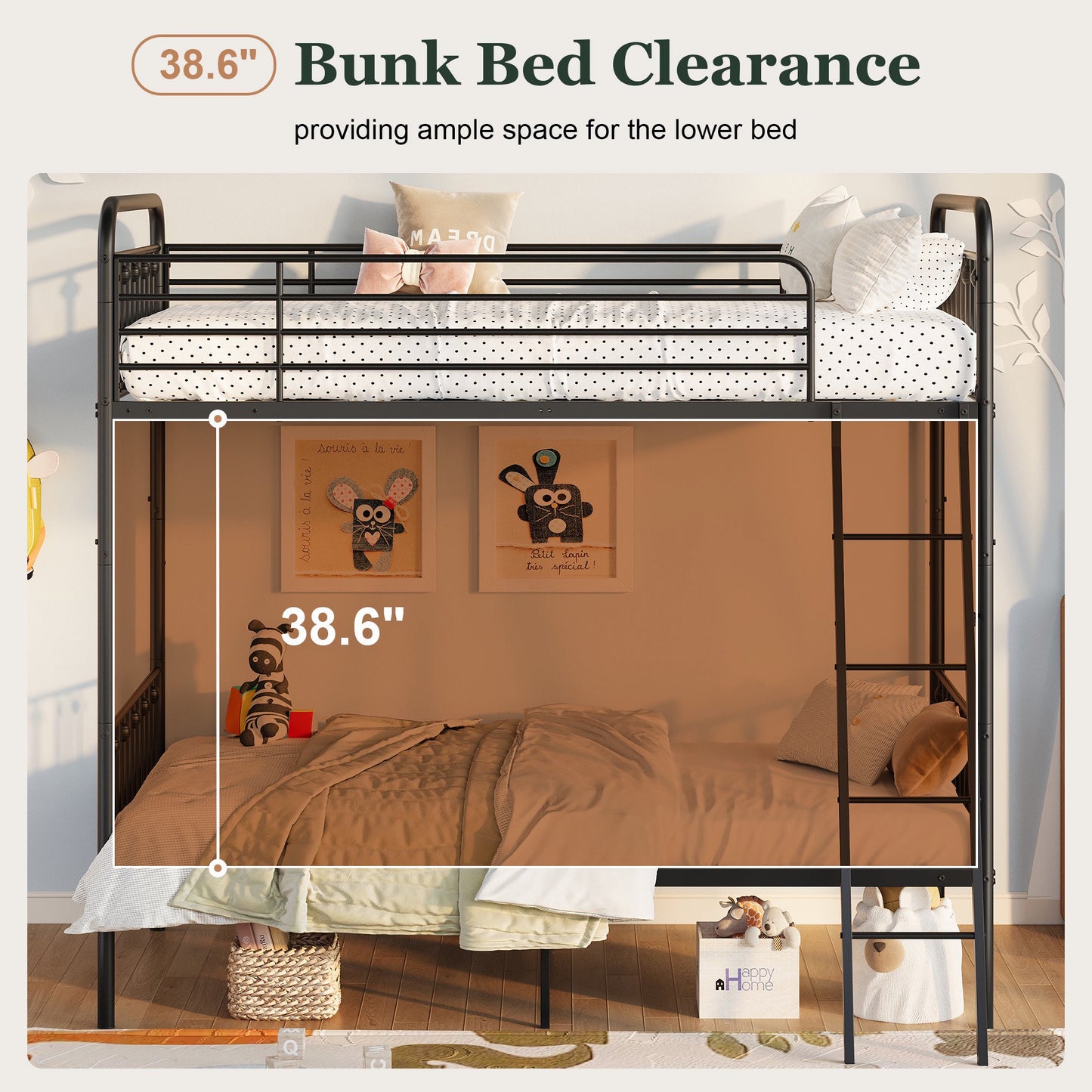 Amolife Twin over Twin Size Metal Bunk Bed with Removable Ladder, Used as Bunk Bed or Two Twin Beds, Full-Length Guardrail