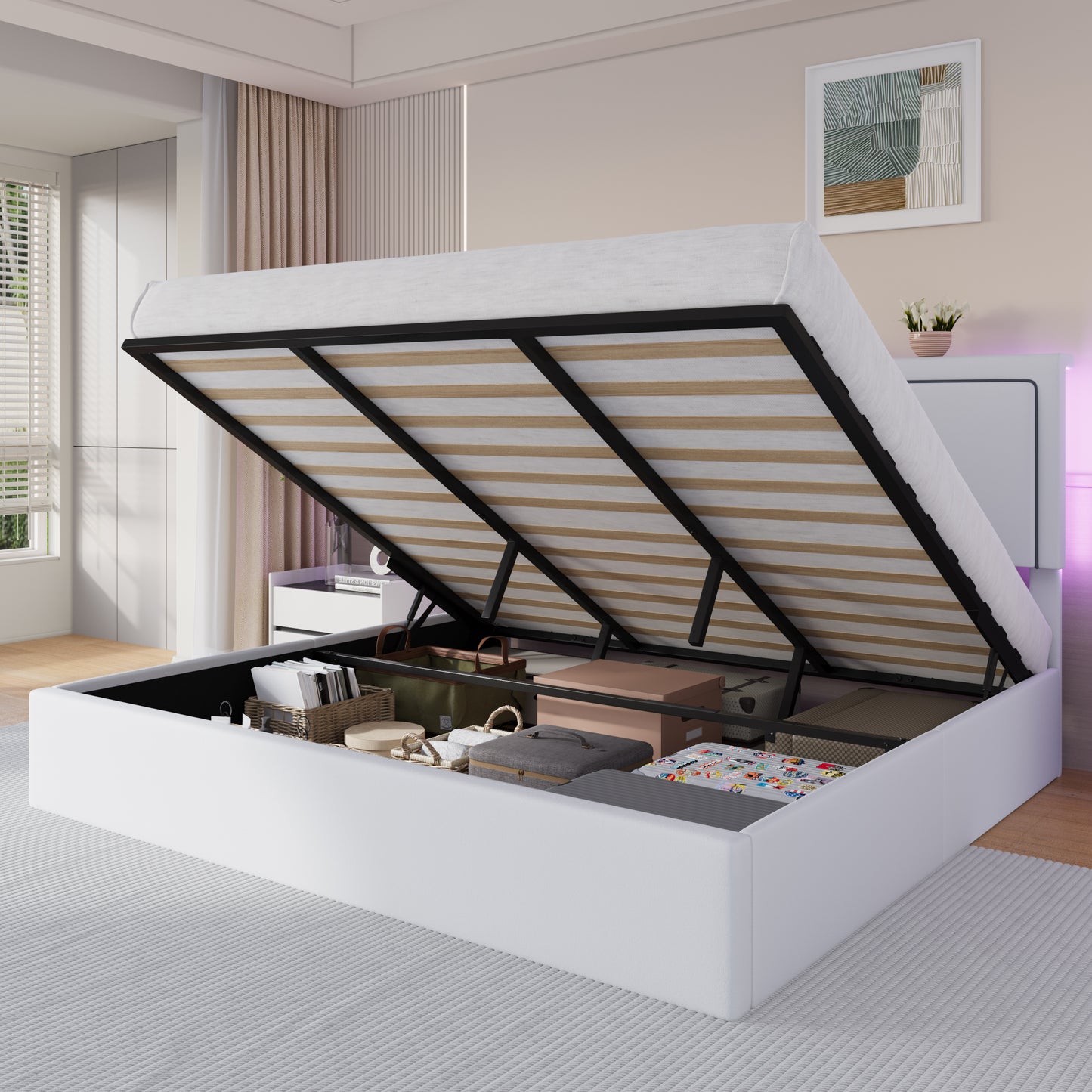 Amolife Lift Up Hydraulic Storage Bed Frame, Platform Bed with Velvet LED Light and Built-in Charging Station Headboard