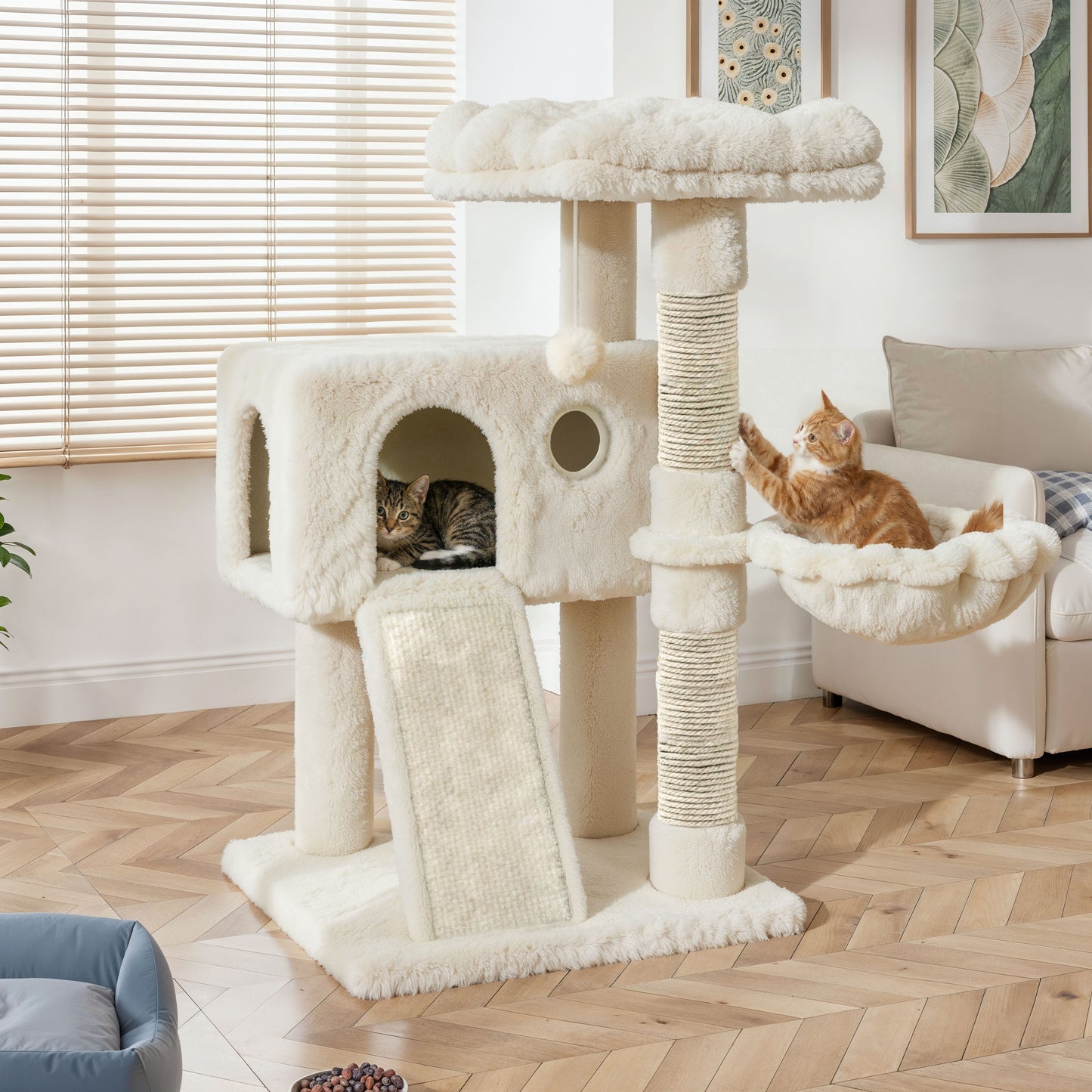 Amolife 36.6" Cat Tree Tower for Indoor Cats, Cat Condo with Plush Perch, Sisal Scratching Posts & Ramp, Cozy Cat Furniture