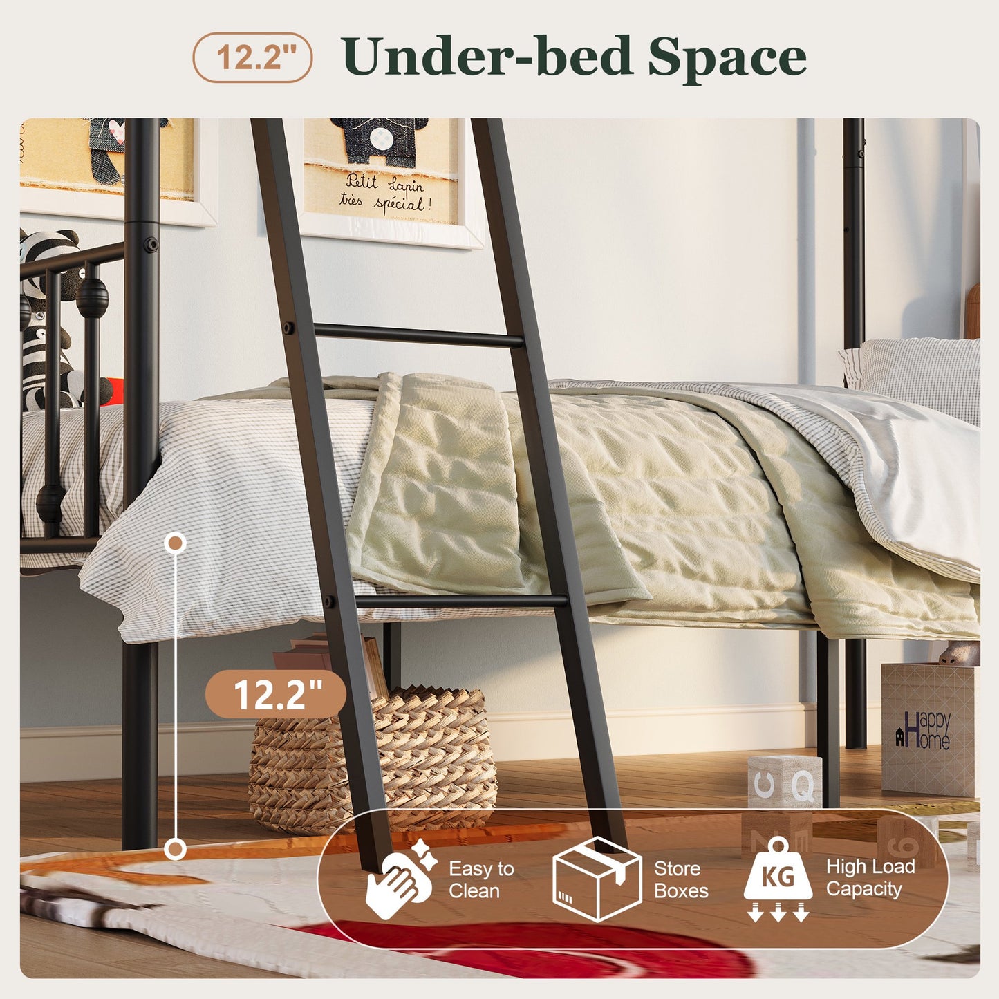 Amolife Twin over Twin Size Metal Bunk Bed with Removable Ladder, Used as Bunk Bed or Two Twin Beds, Full-Length Guardrail