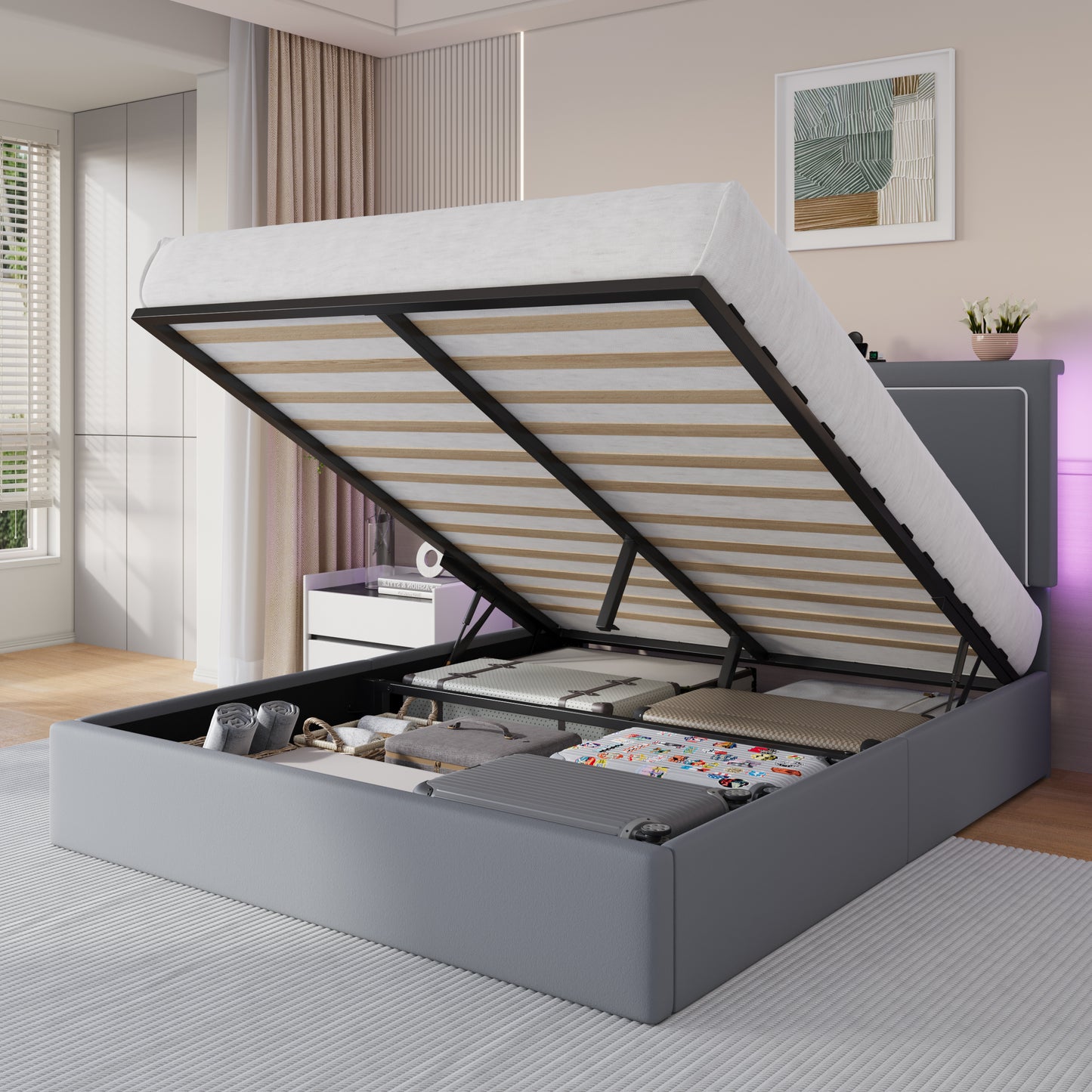 Amolife Lift Up Hydraulic Storage Bed Frame, Platform Bed with Velvet LED Light and Built-in Charging Station Headboard