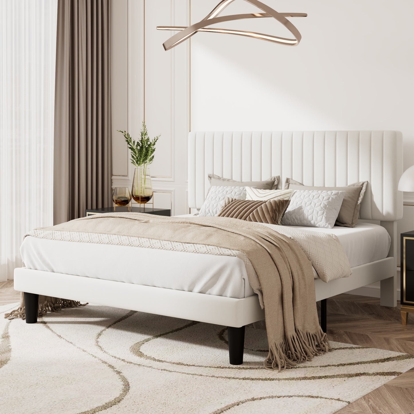 Upholstered Platform Bed Frame with Vertical Channel Tufted Velvet Headboard