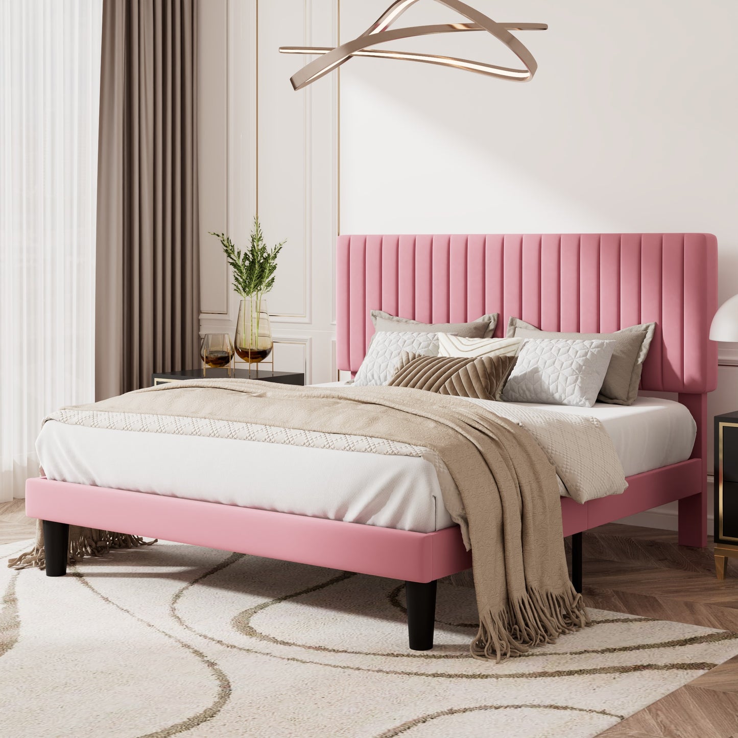 Upholstered Platform Bed Frame with Vertical Channel Tufted Velvet Headboard